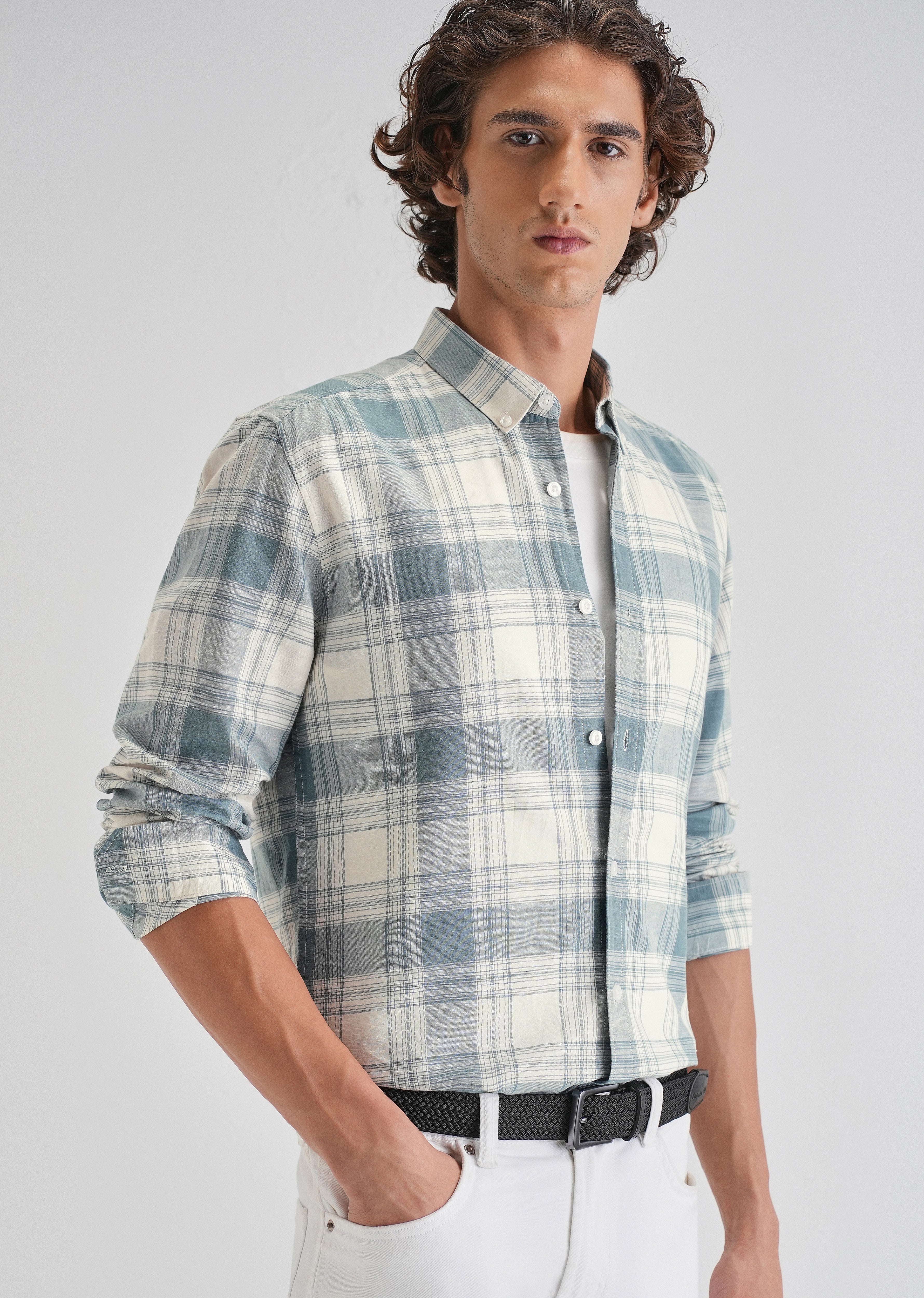 Blue Plaid Checked Cotton Linen Shirt - Image 7