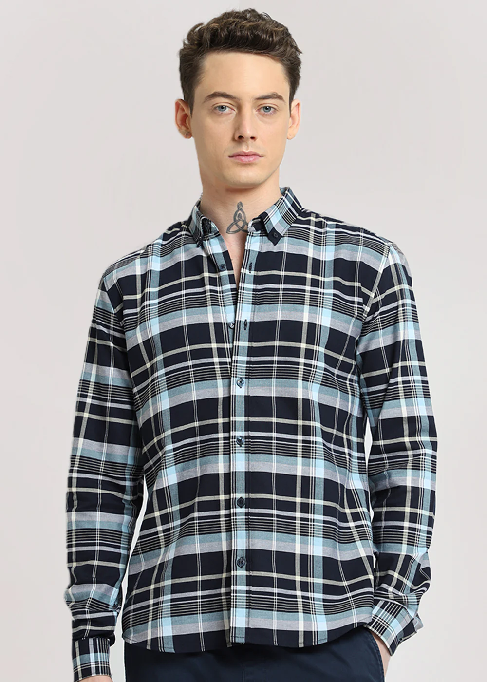 Blue Plaid Oxford Cotton Check Shirt - Image 3