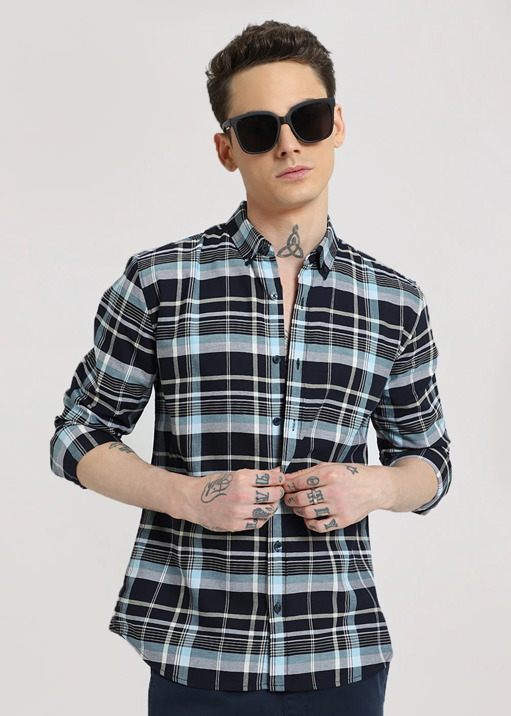 Blue Plaid Oxford Cotton Check Shirt - Image 6