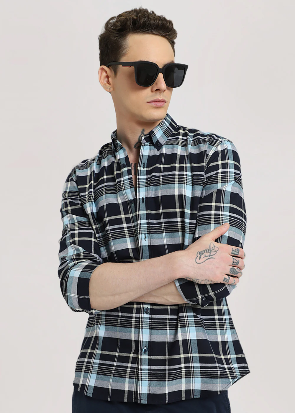 Blue Plaid Oxford Cotton Check Shirt - Image 8