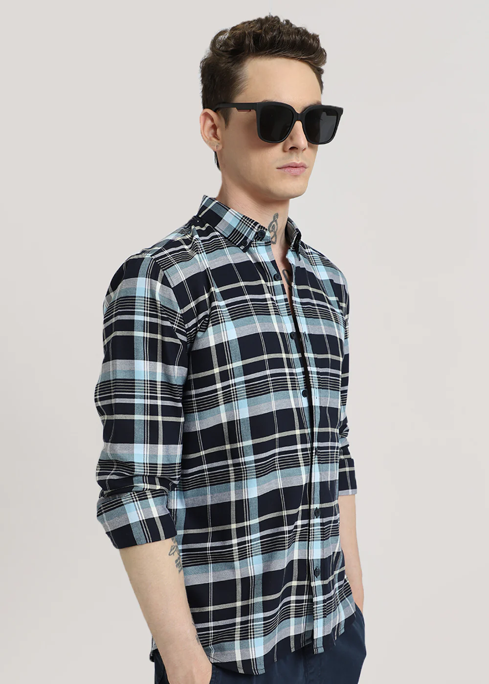 Blue Plaid Oxford Cotton Check Shirt - Image 9