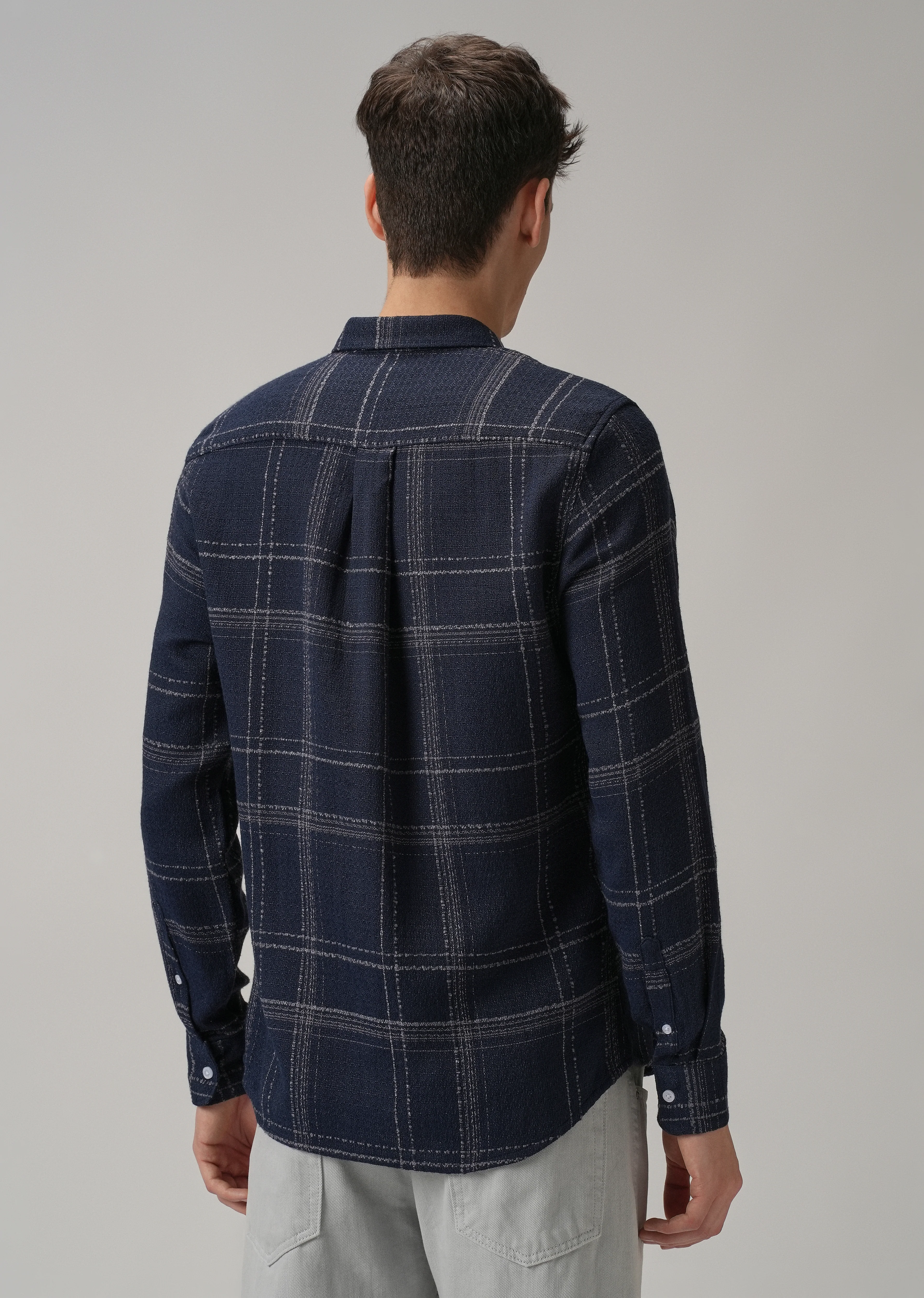 Blue Plaid Textured Cotton Check Shirt - Image 2