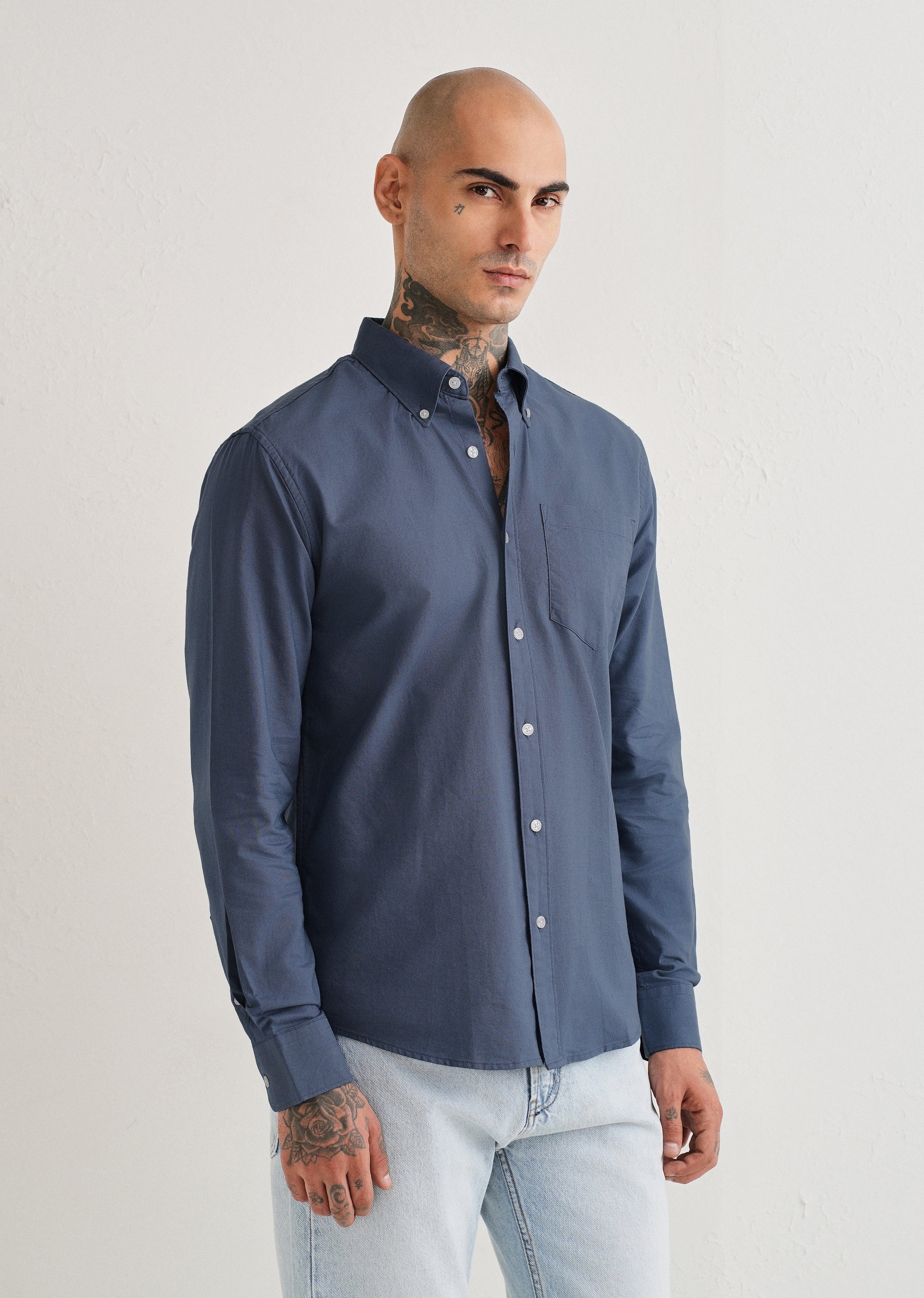Blue Plain Cotton Oxford Shirt - Image 5