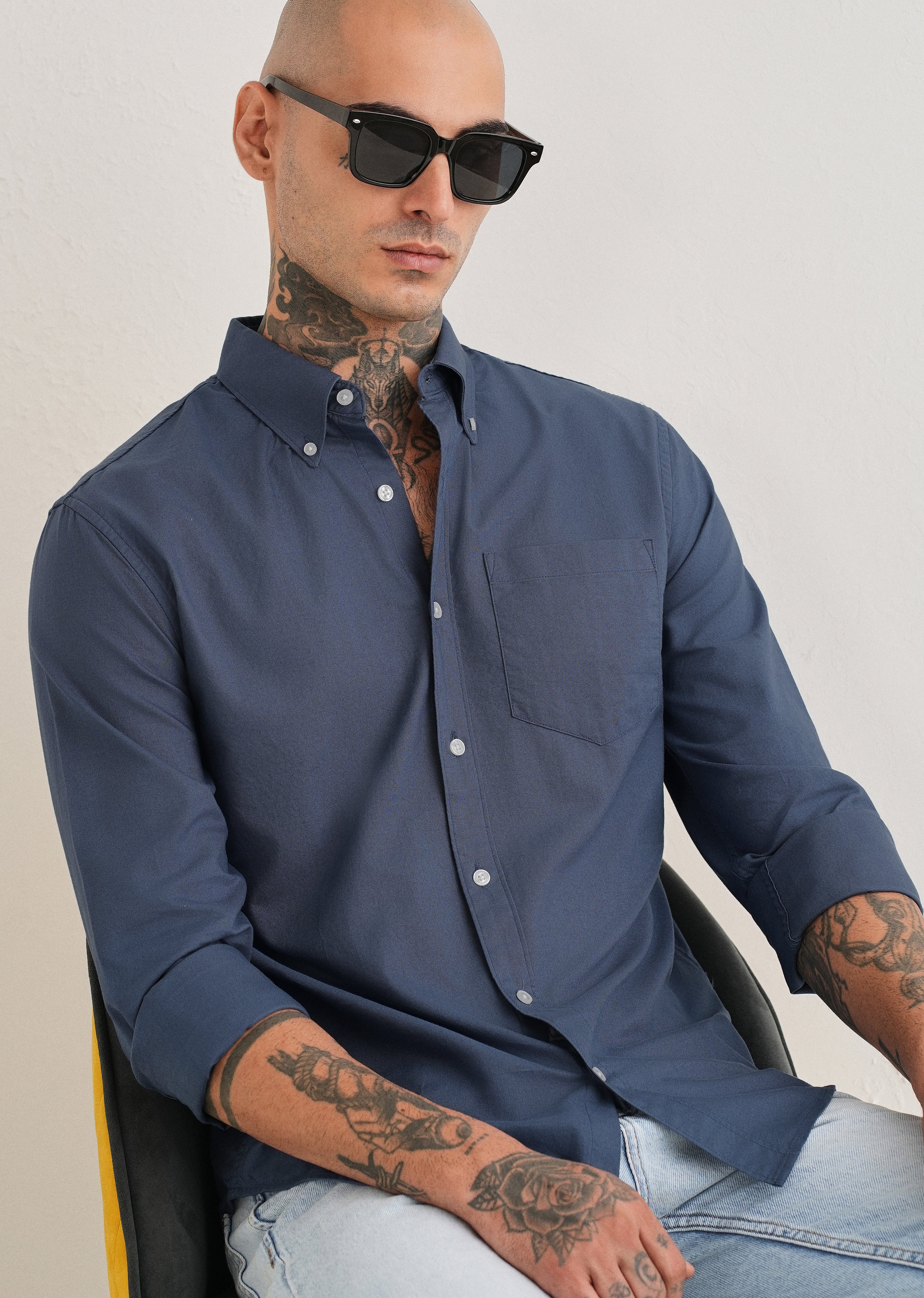 Blue Plain Cotton Oxford Shirt - Image 7