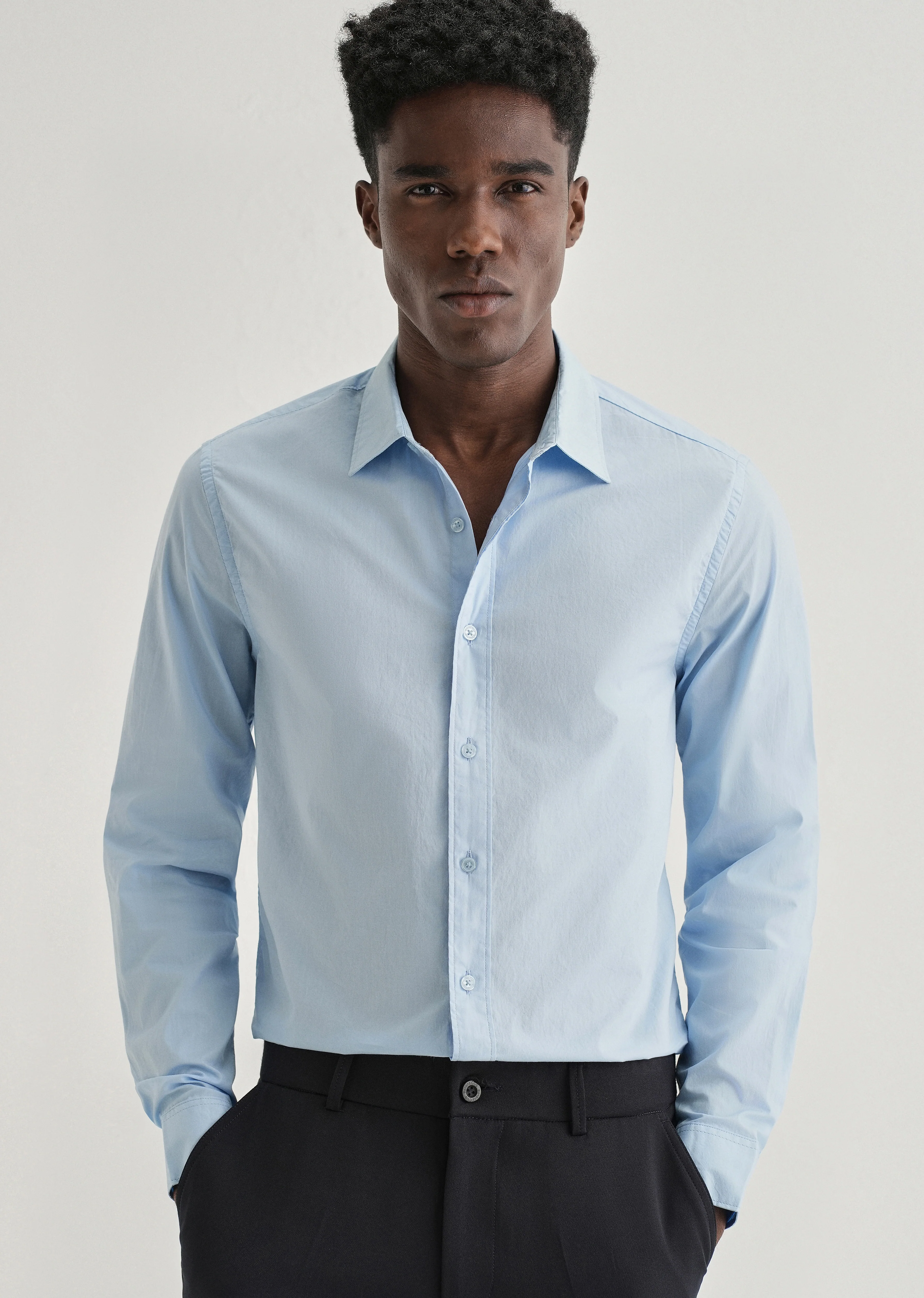 Blue Plain Cotton Shirt - Image 7