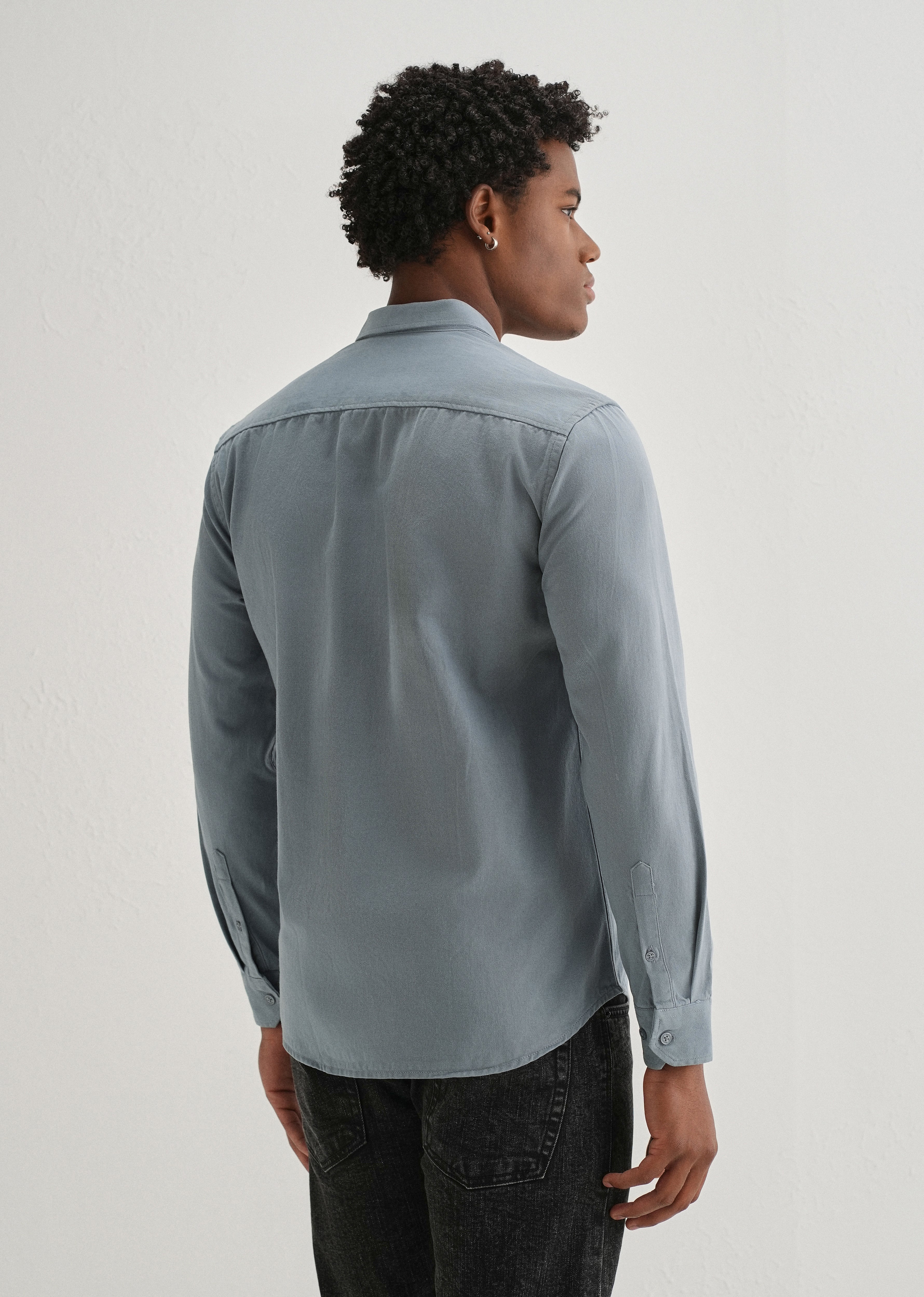 Blue Plain Cotton Single Pocket Shirt - Image 2