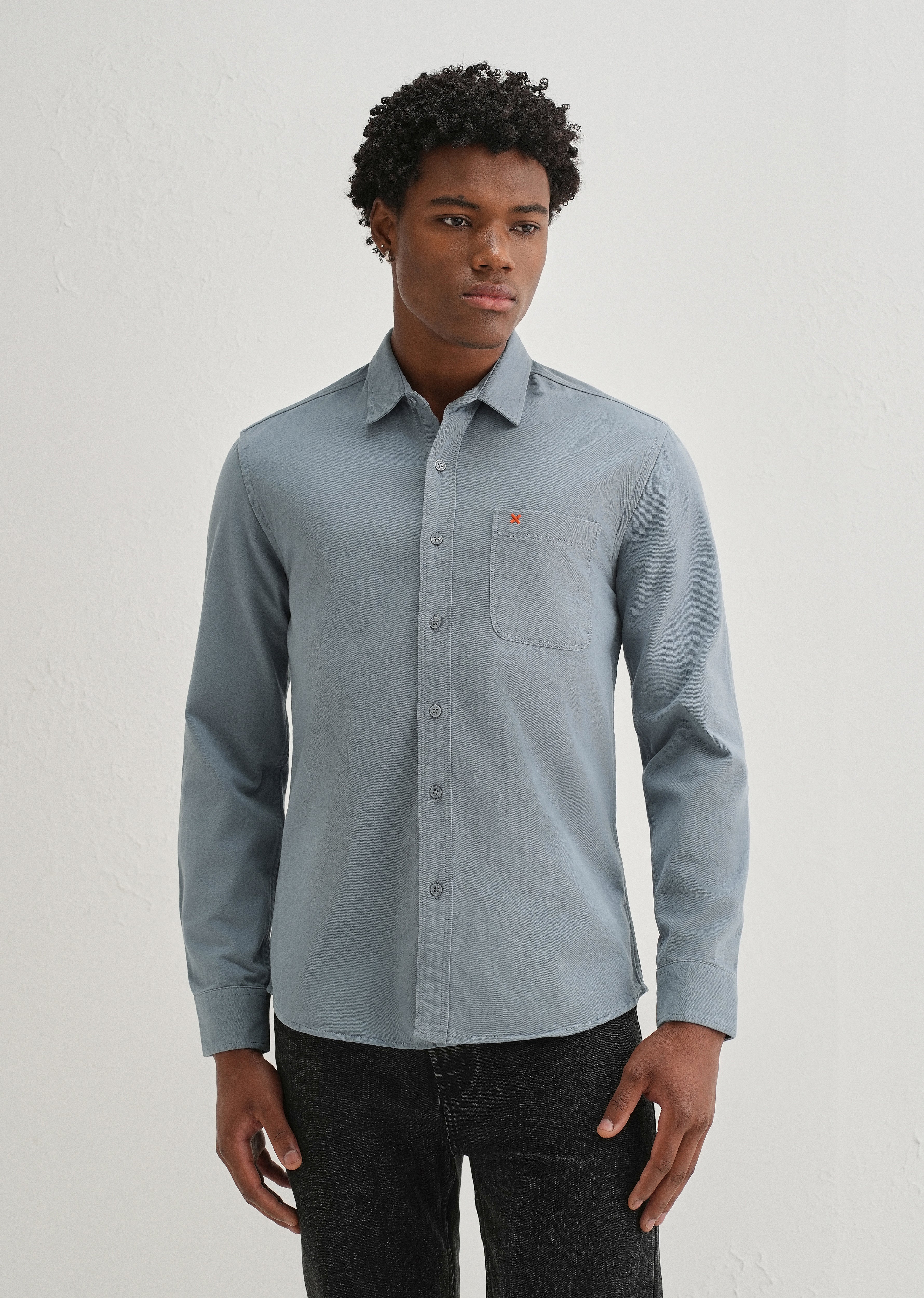 Blue Plain Cotton Single Pocket Shirt - Image 3