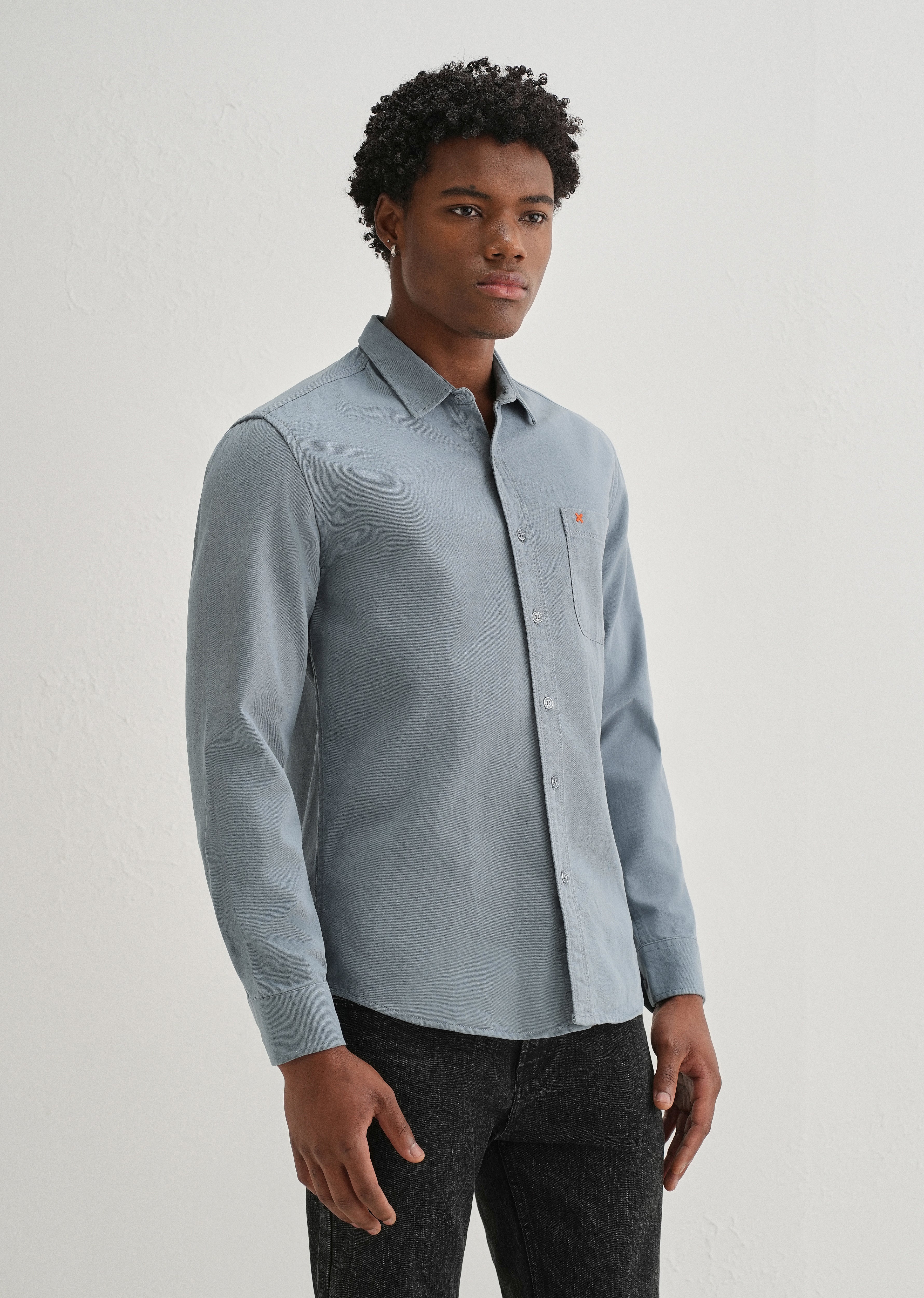 Blue Plain Cotton Single Pocket Shirt - Image 4