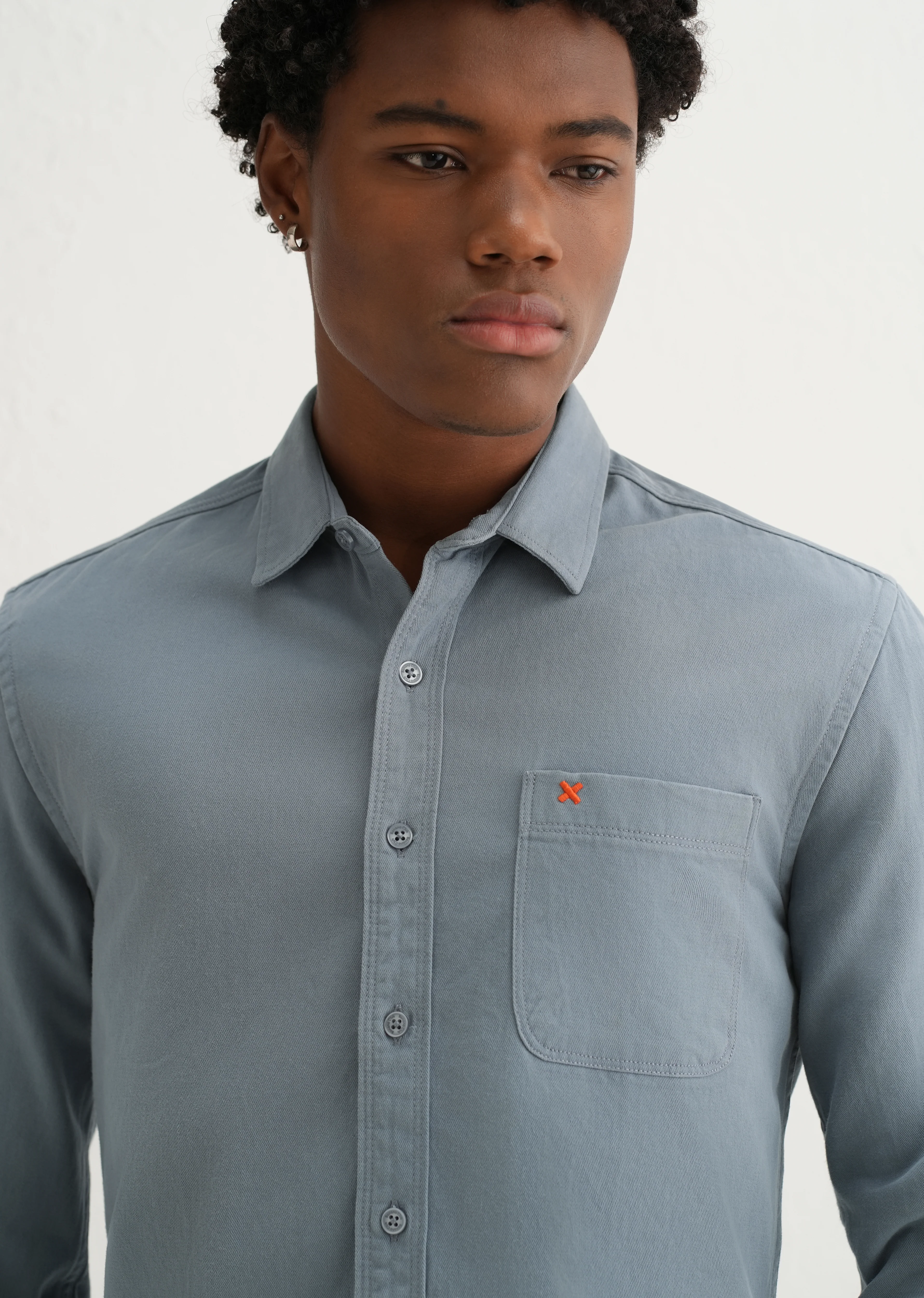Blue Plain Cotton Single Pocket Shirt - Image 5