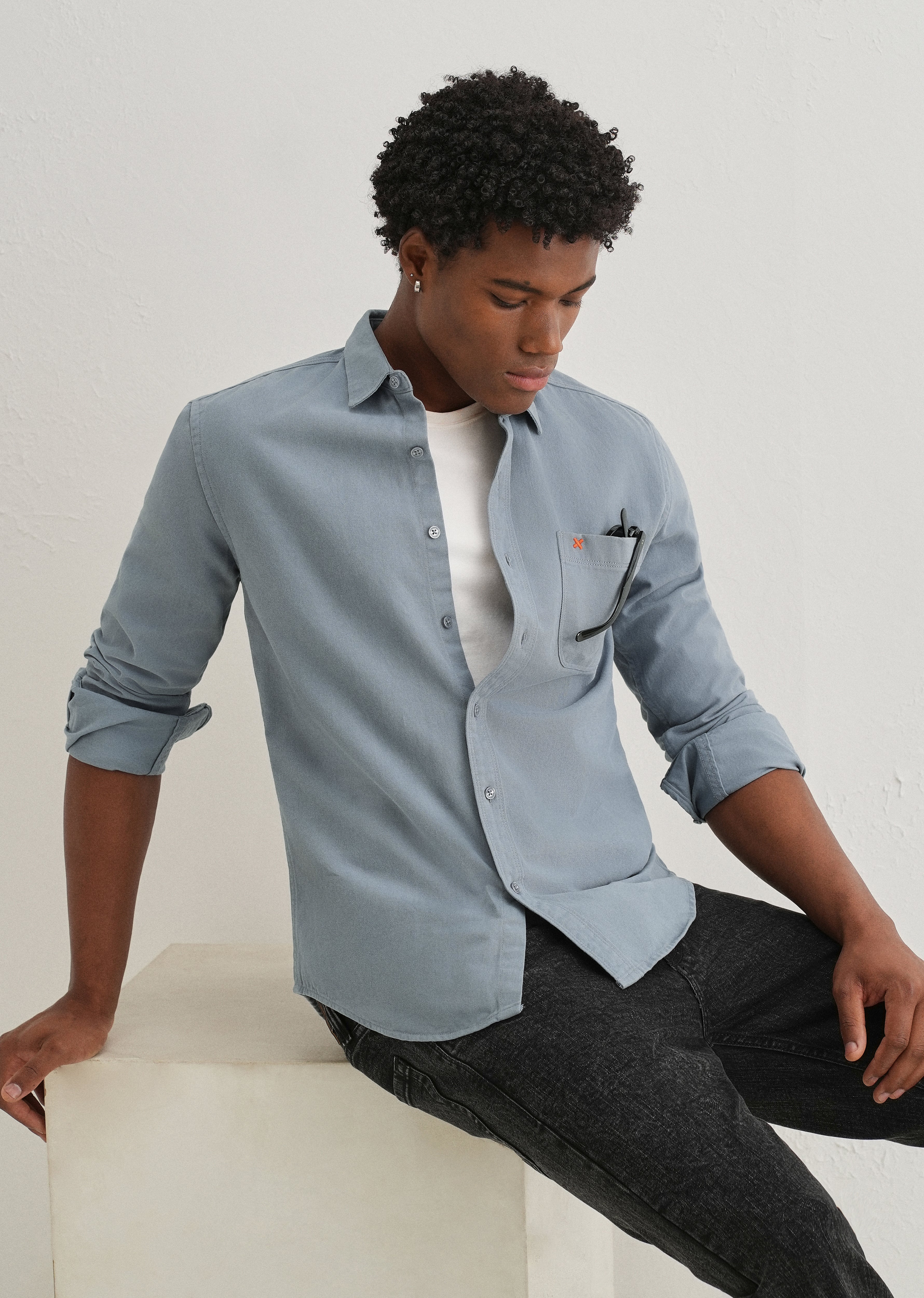 Blue Plain Cotton Single Pocket Shirt - Image 7
