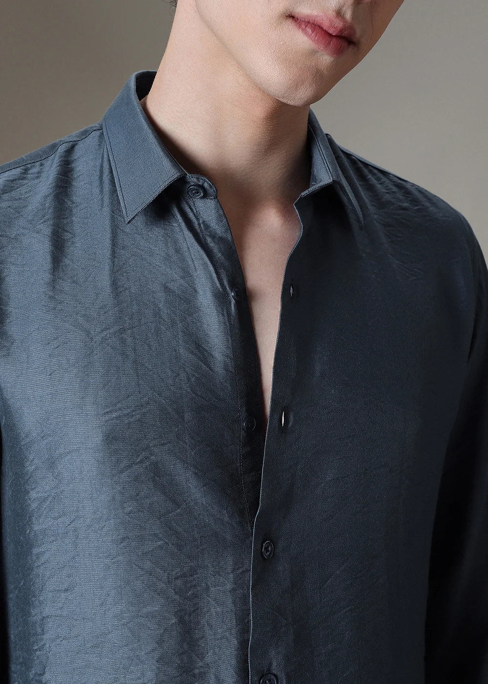 Blue Plain Crushed Satin Shirt - Image 2