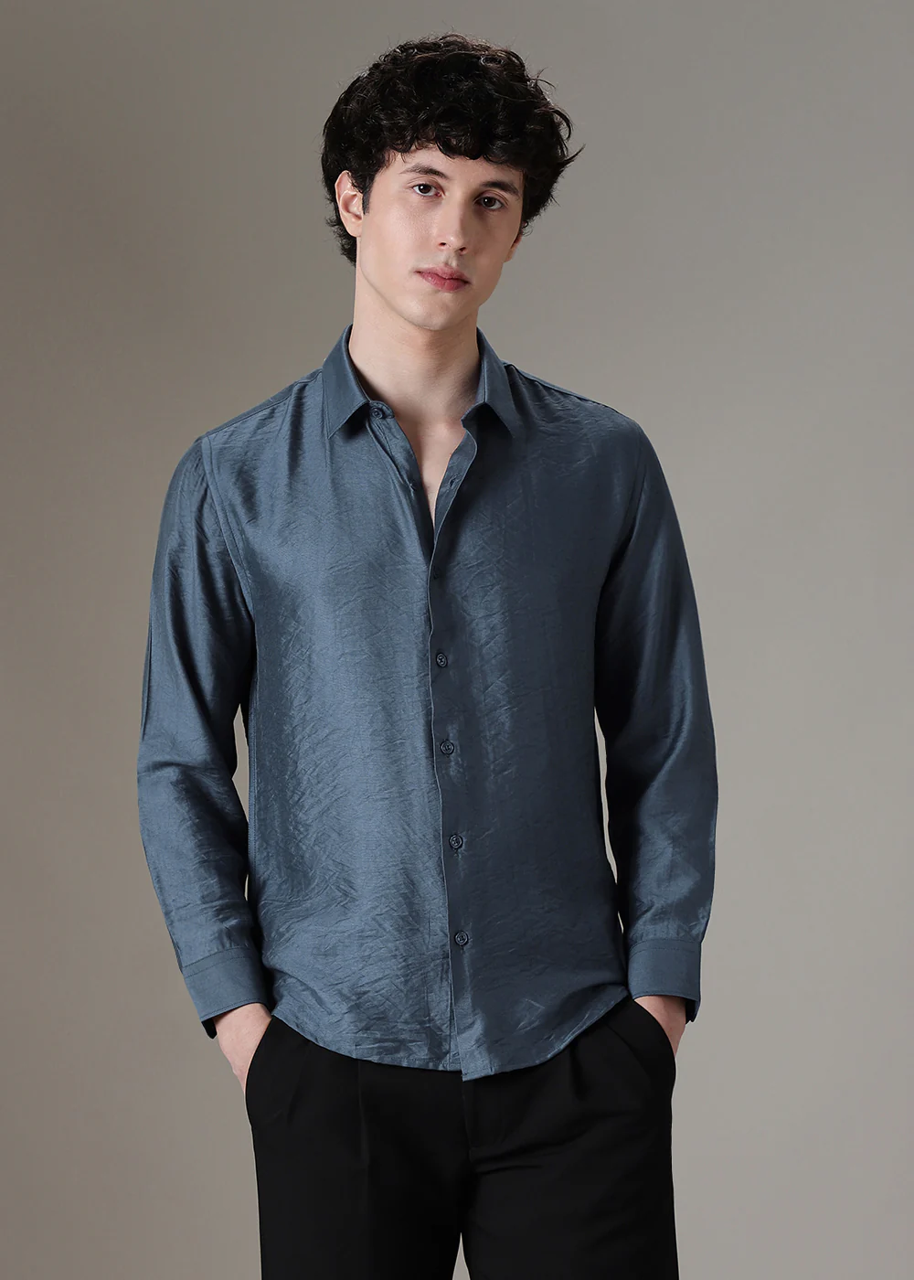 Blue Plain Crushed Satin Shirt - Image 3