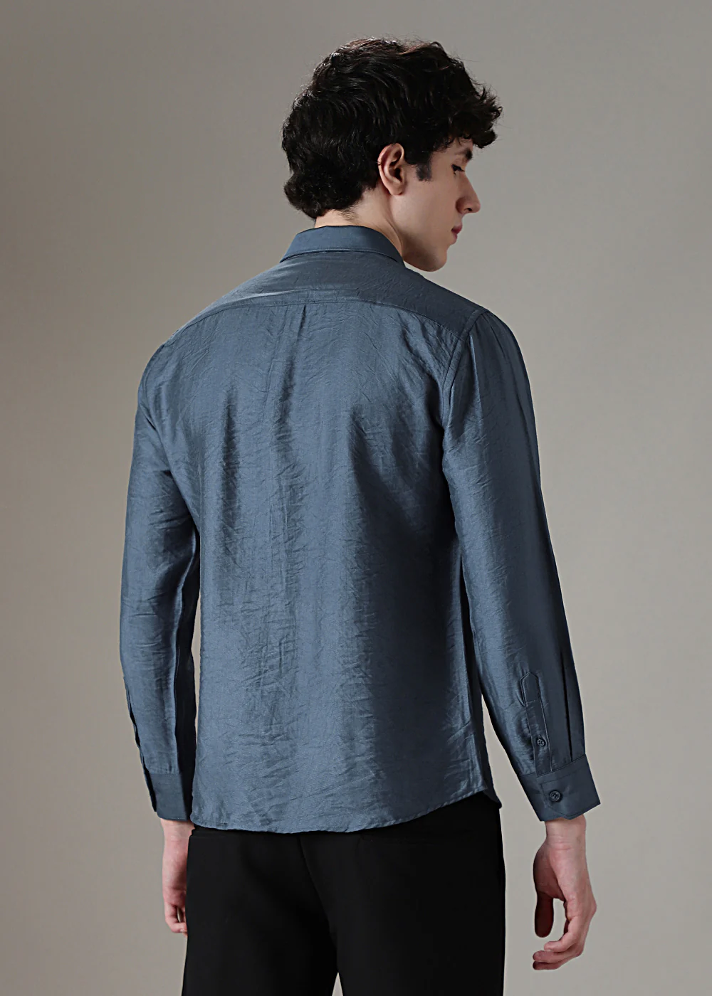 Blue Plain Crushed Satin Shirt - Image 4