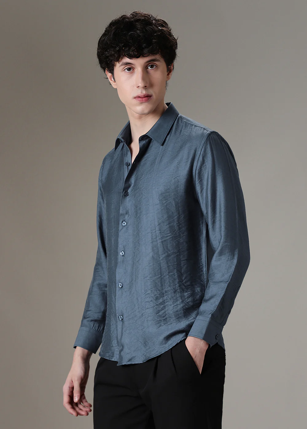 Blue Plain Crushed Satin Shirt - Image 5