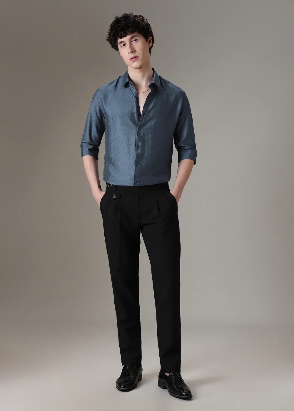 Blue Plain Crushed Satin Shirt - Image 6