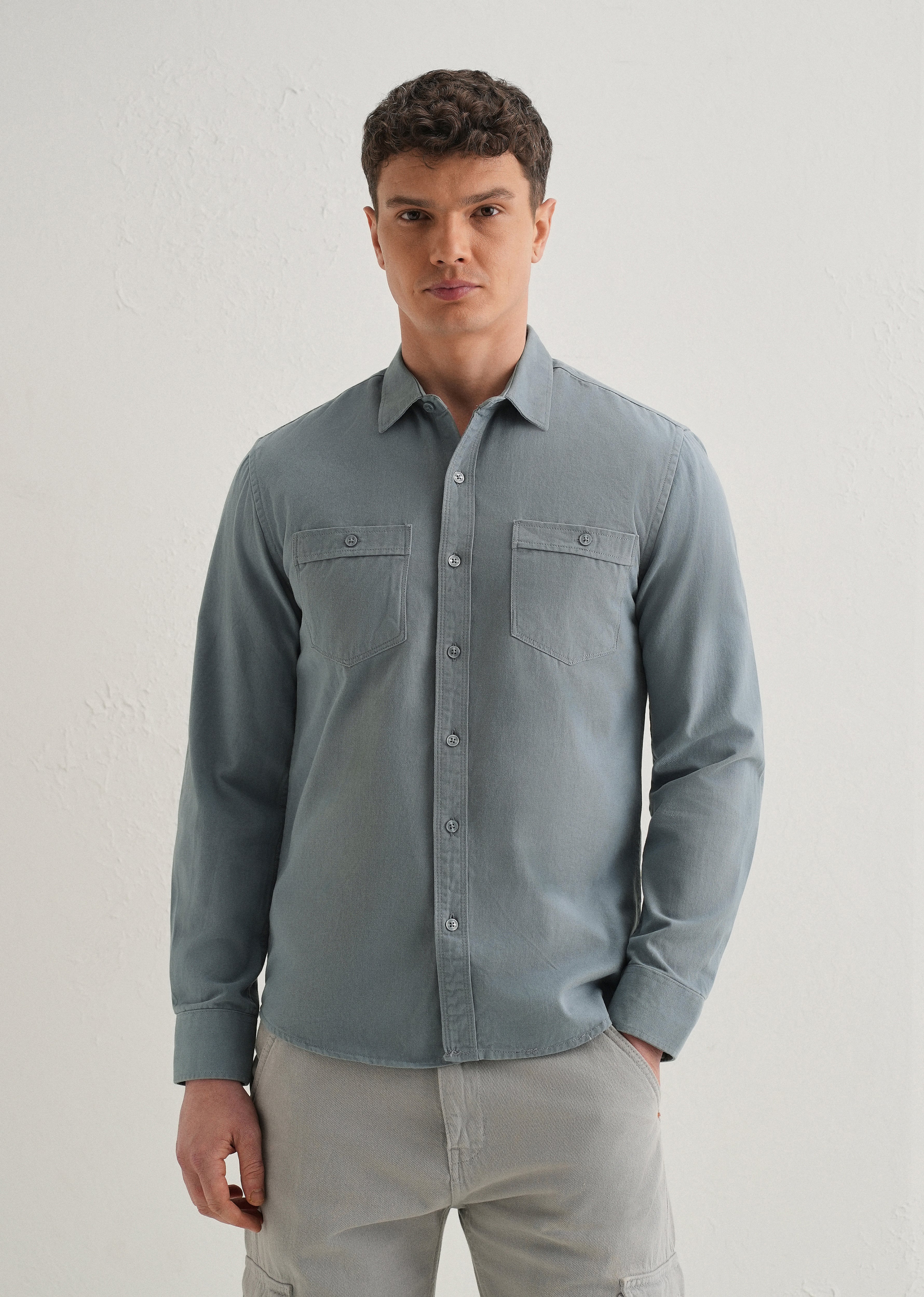 Blue Plain Double Pocket Shirt - Image 3