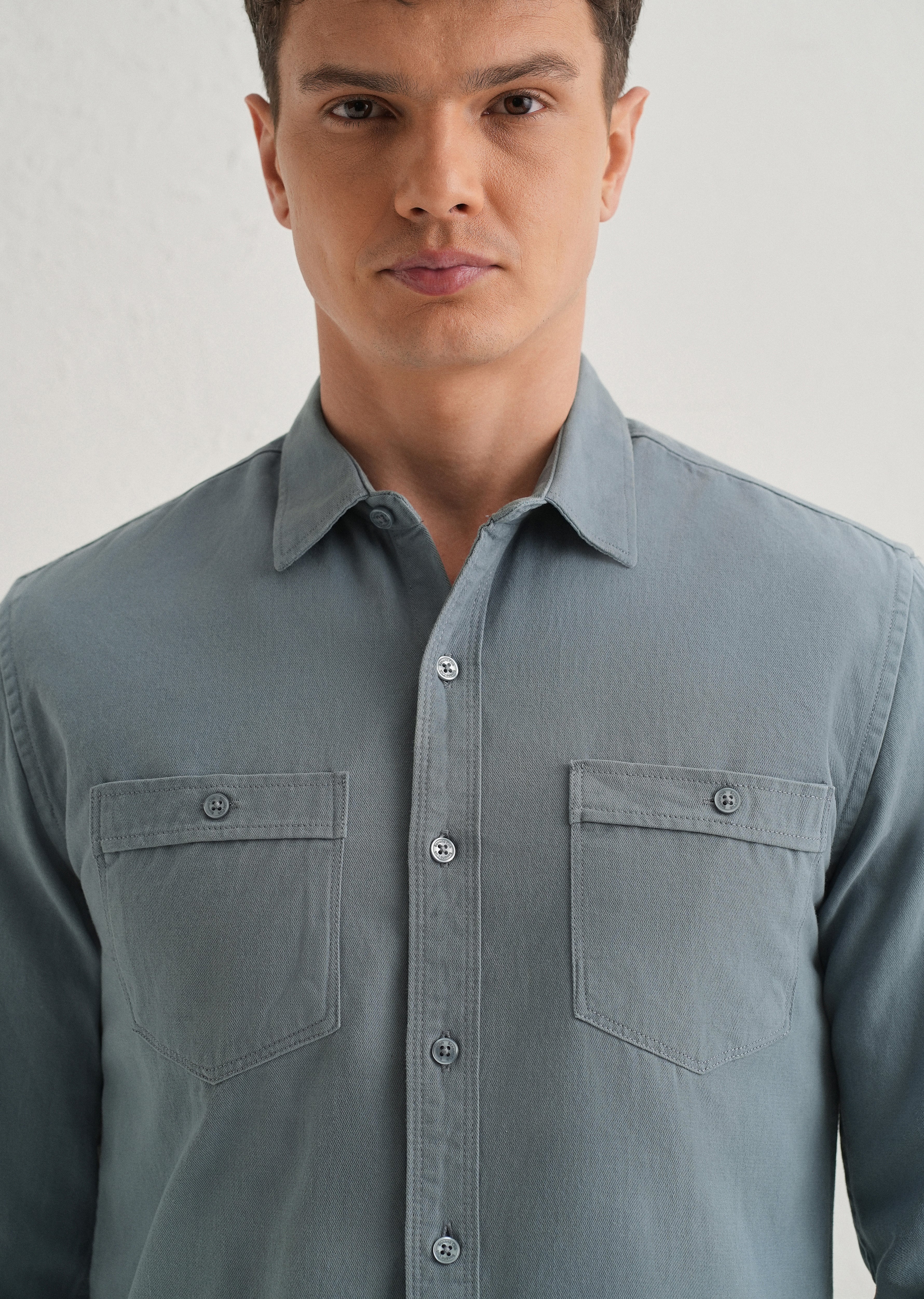 Blue Plain Double Pocket Shirt - Image 5
