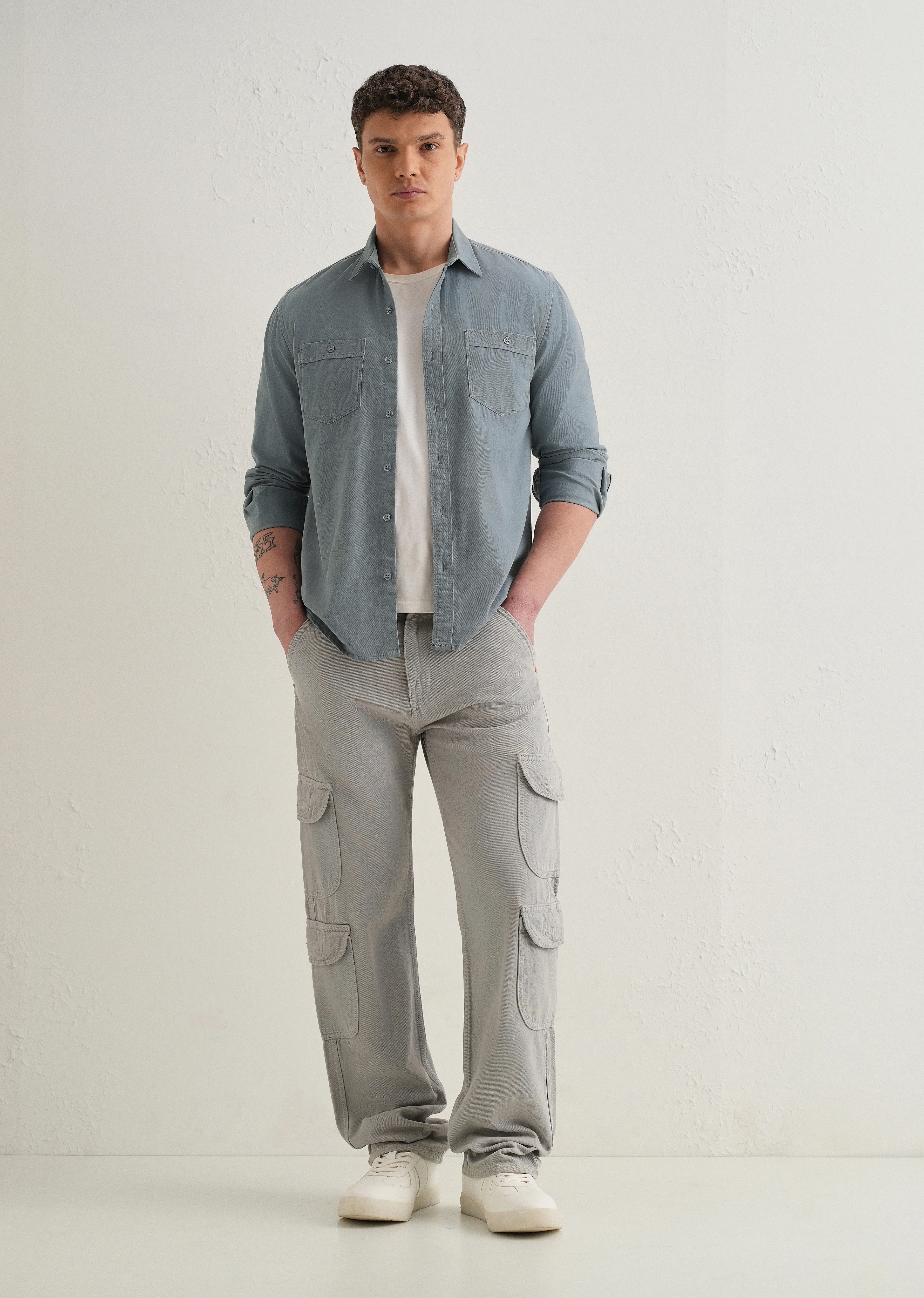 Blue Plain Double Pocket Shirt - Image 6