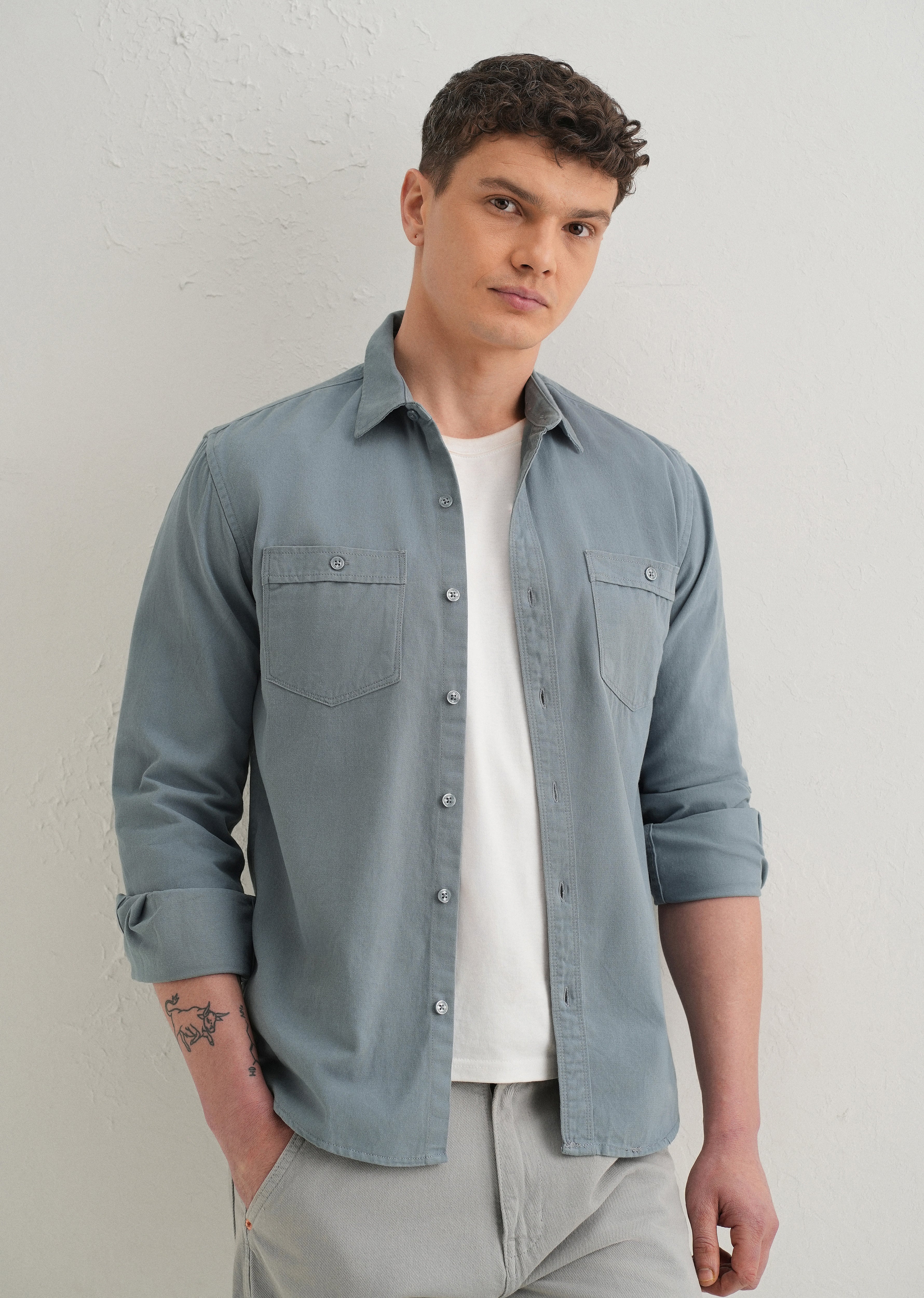 Blue Plain Double Pocket Shirt - Image 7