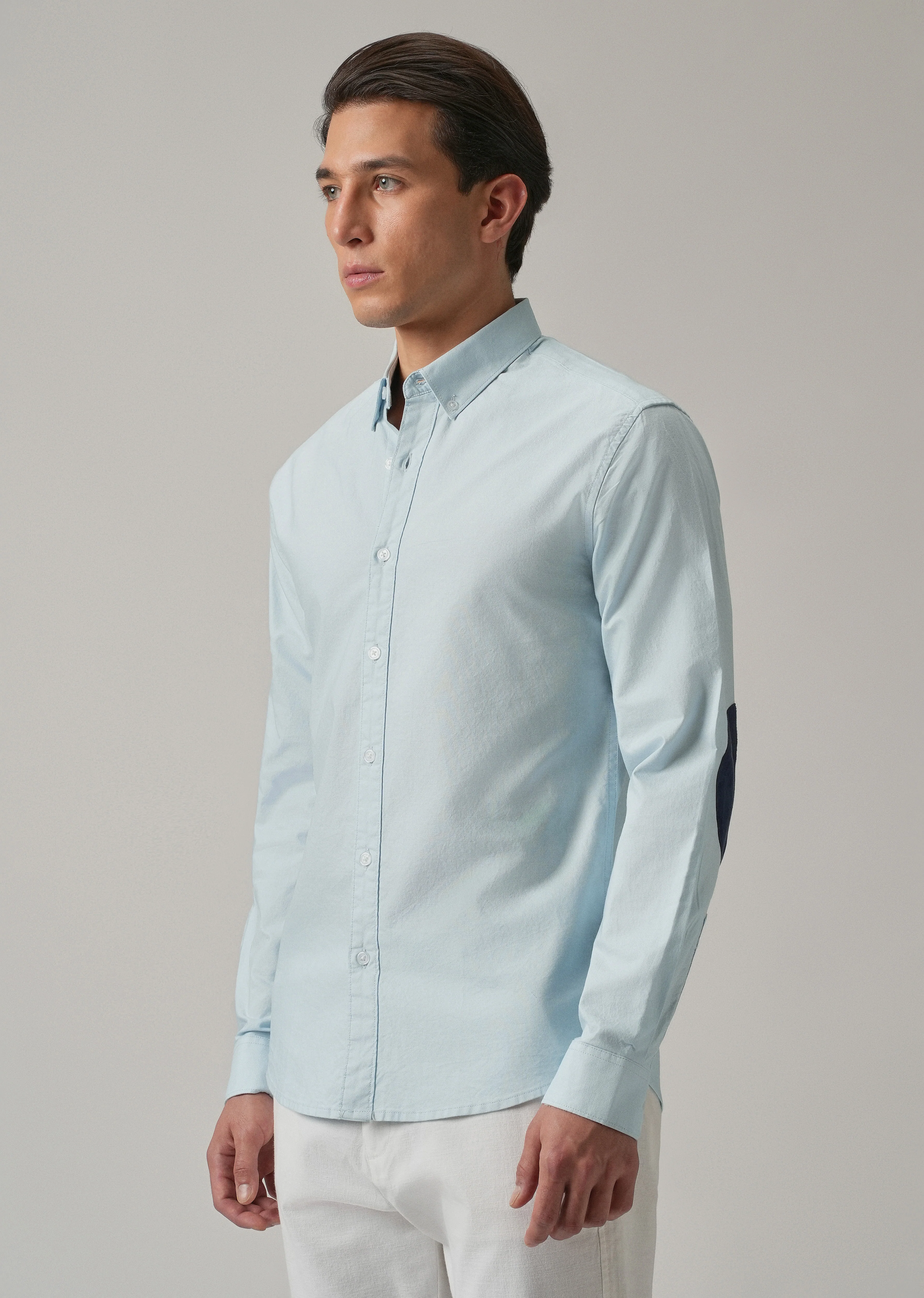 Blue Plain Elbow Patch Oxford Shirt - Image 5