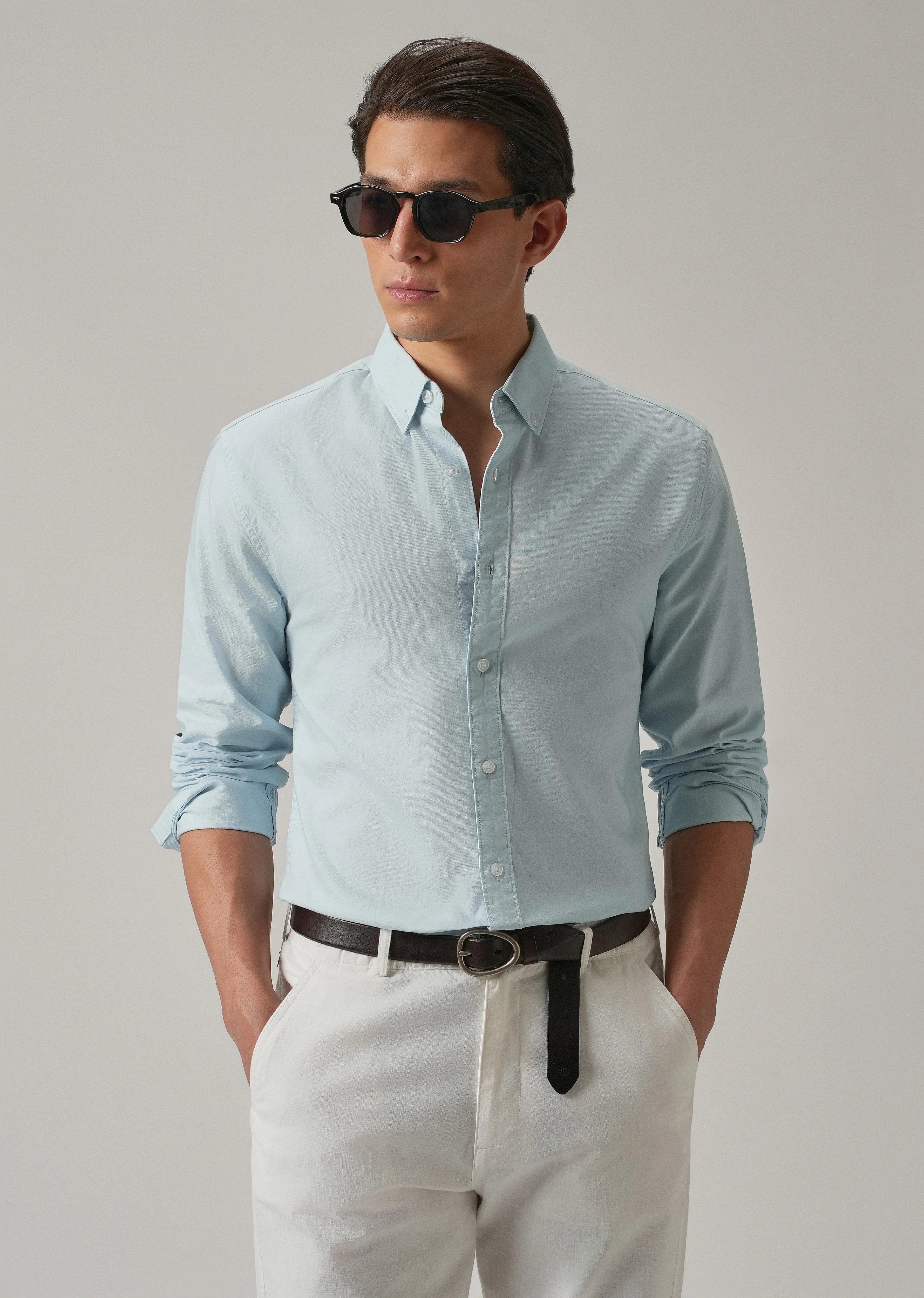 Blue Plain Elbow Patch Oxford Shirt - Image 8