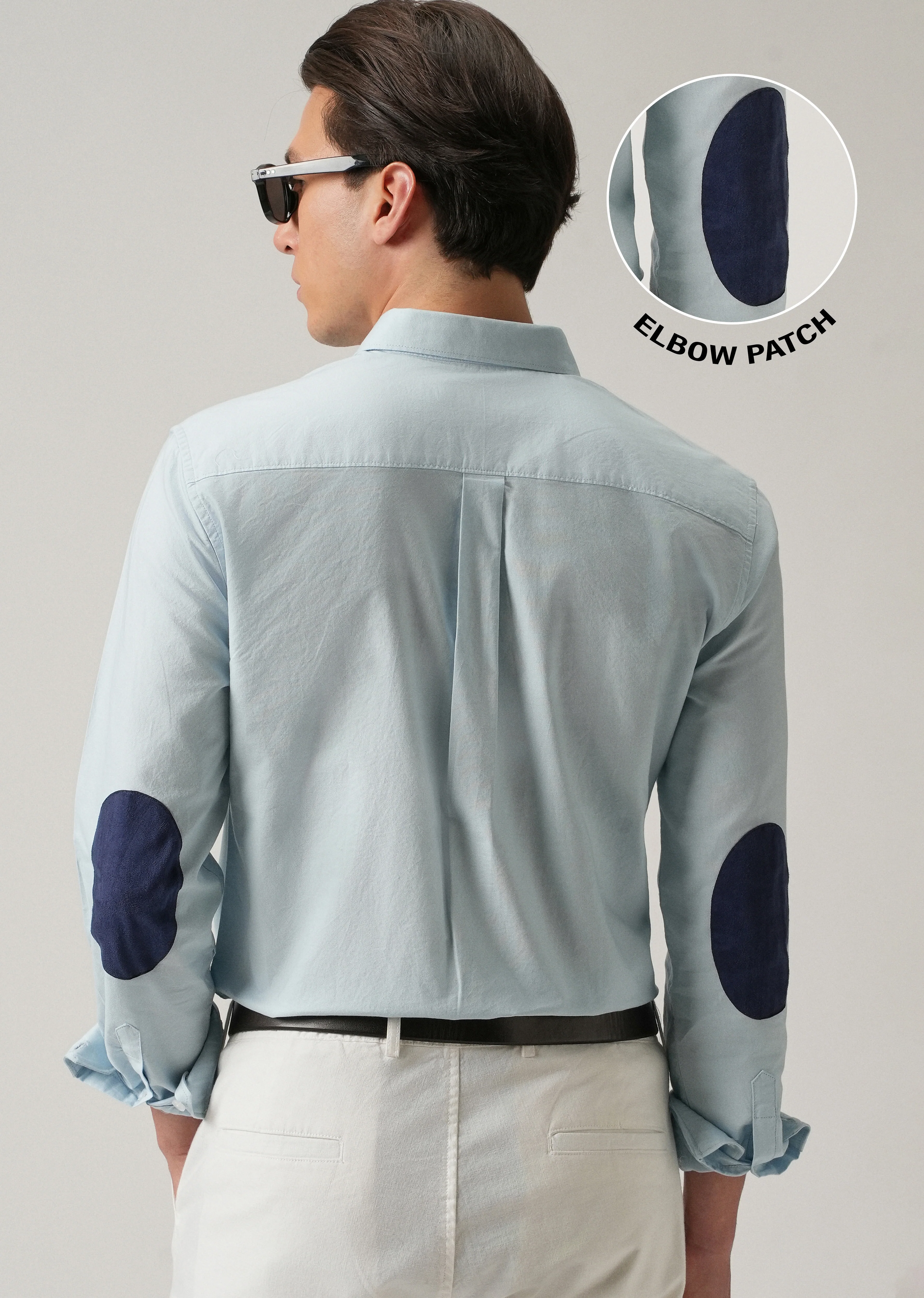 Blue Plain Elbow Patch Oxford Shirt - Image 9
