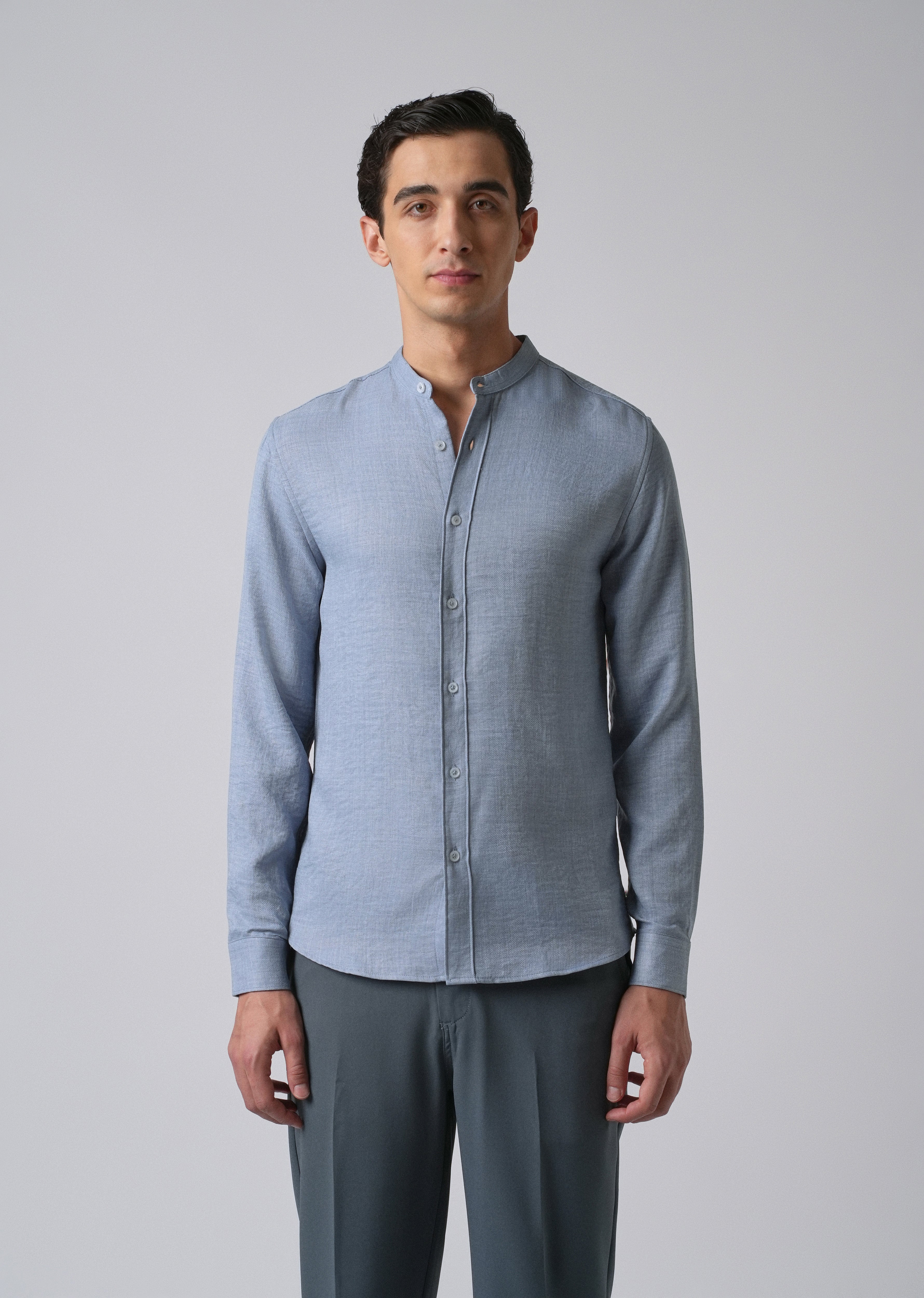 Blue Plain Mandarin Collar Shirt - Image 3
