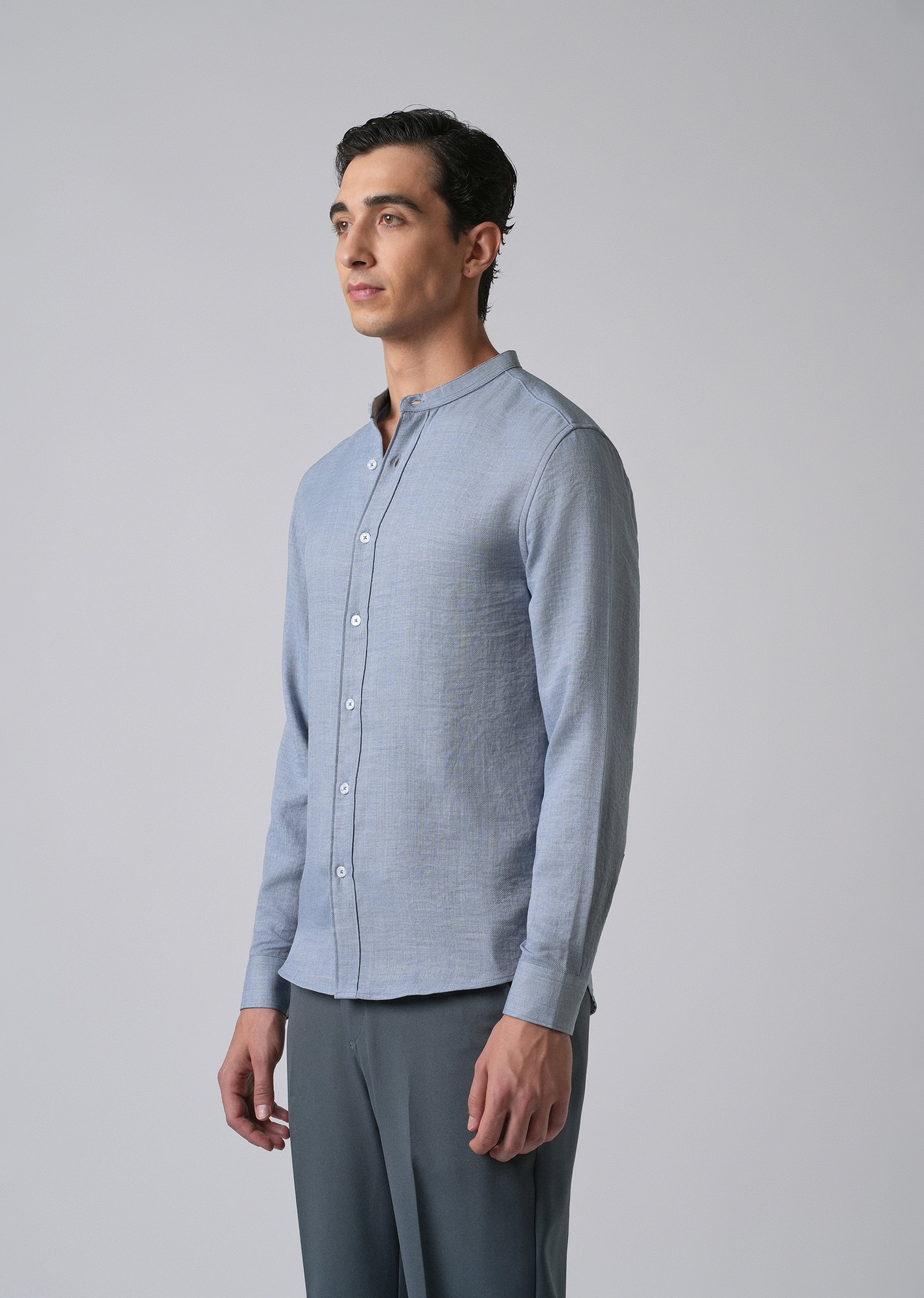 Blue Plain Mandarin Collar Shirt - Image 4
