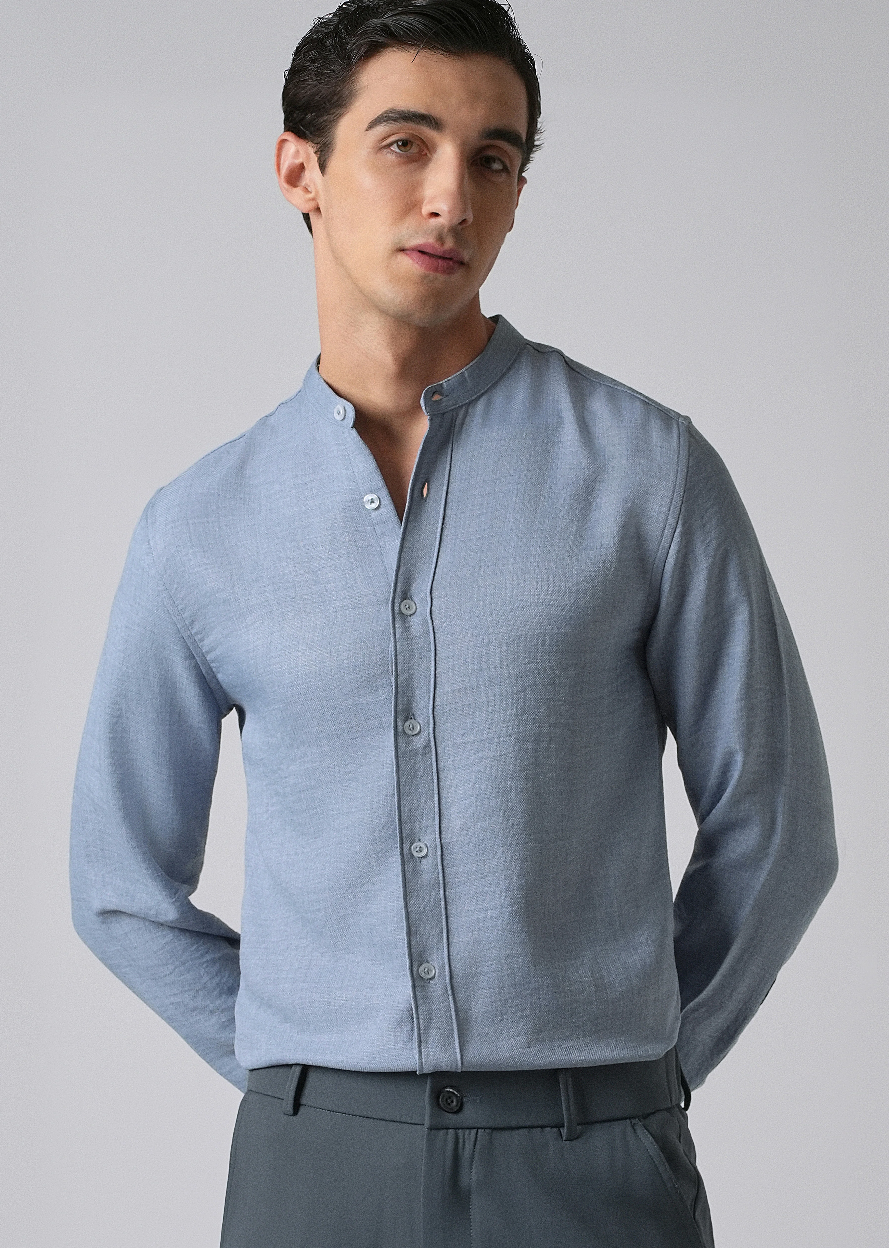 Blue Plain Mandarin Collar Shirt - Image 7