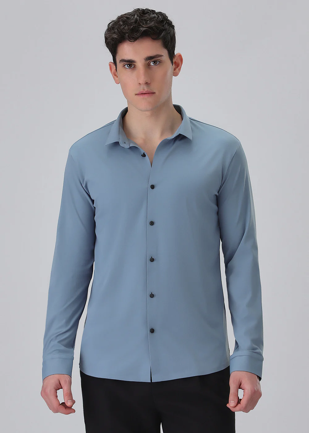 Blue Plain Stitchless Stretch Shirt - Image 3