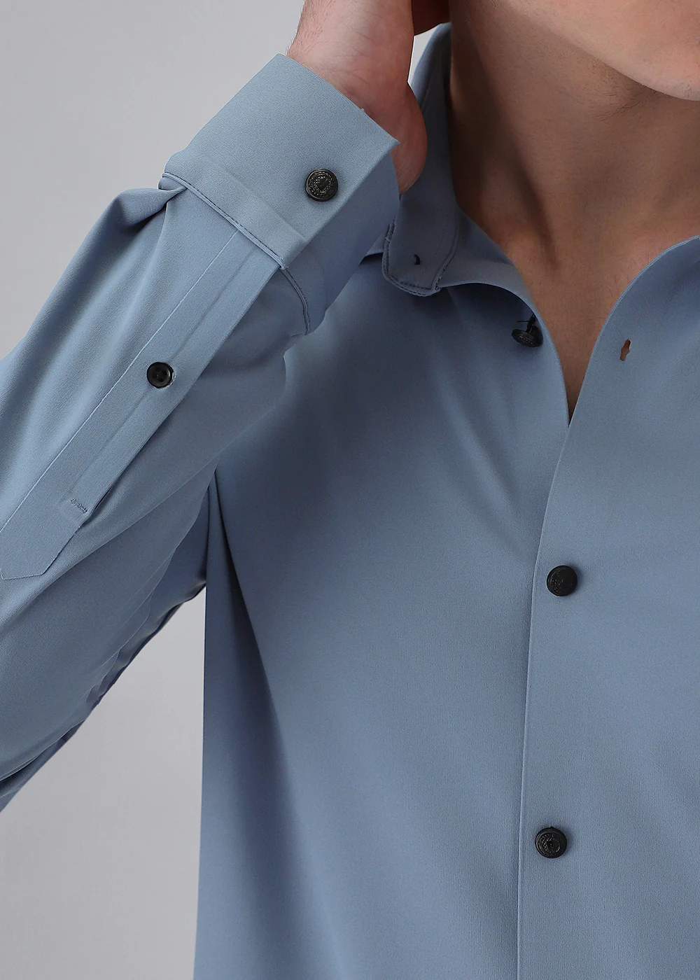 Blue Plain Stitchless Stretch Shirt - Image 5
