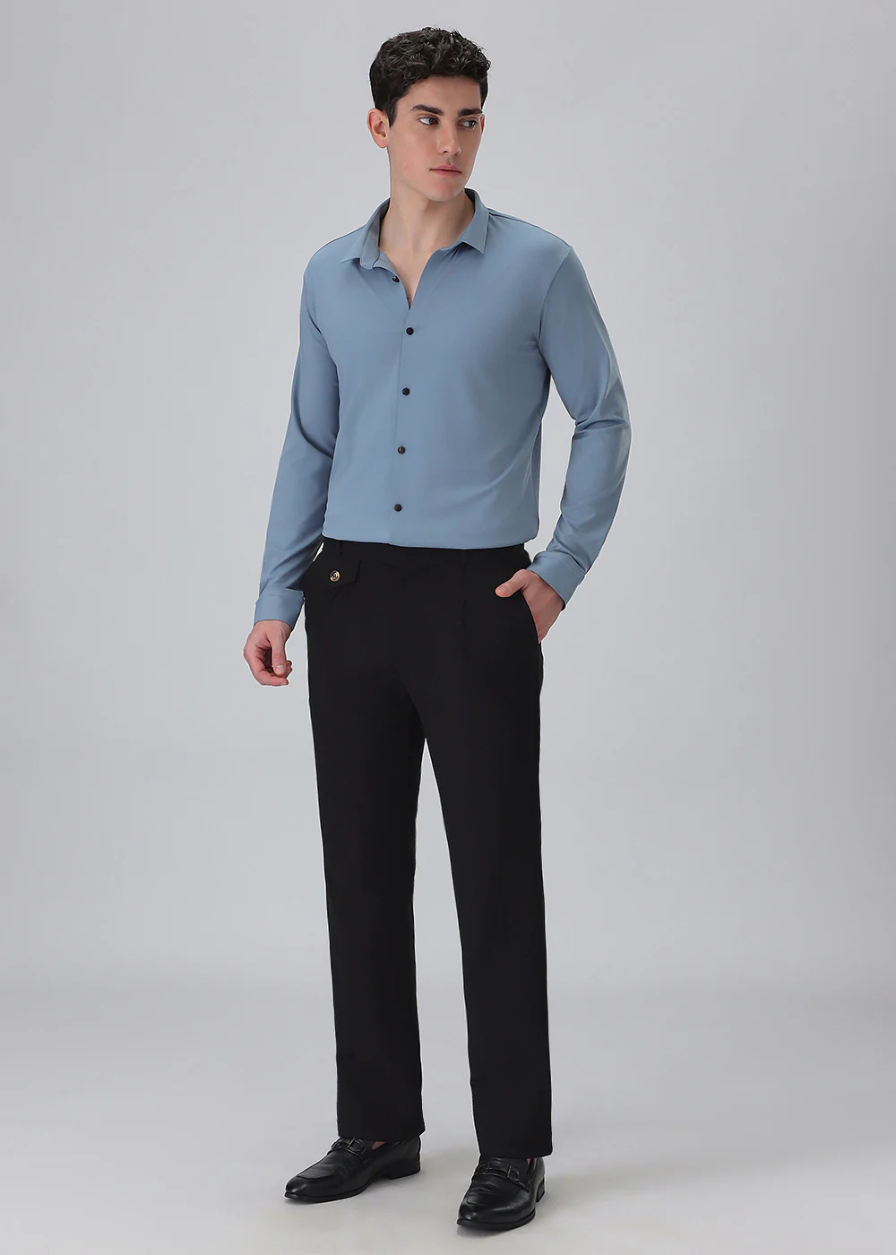 Blue Plain Stitchless Stretch Shirt - Image 6