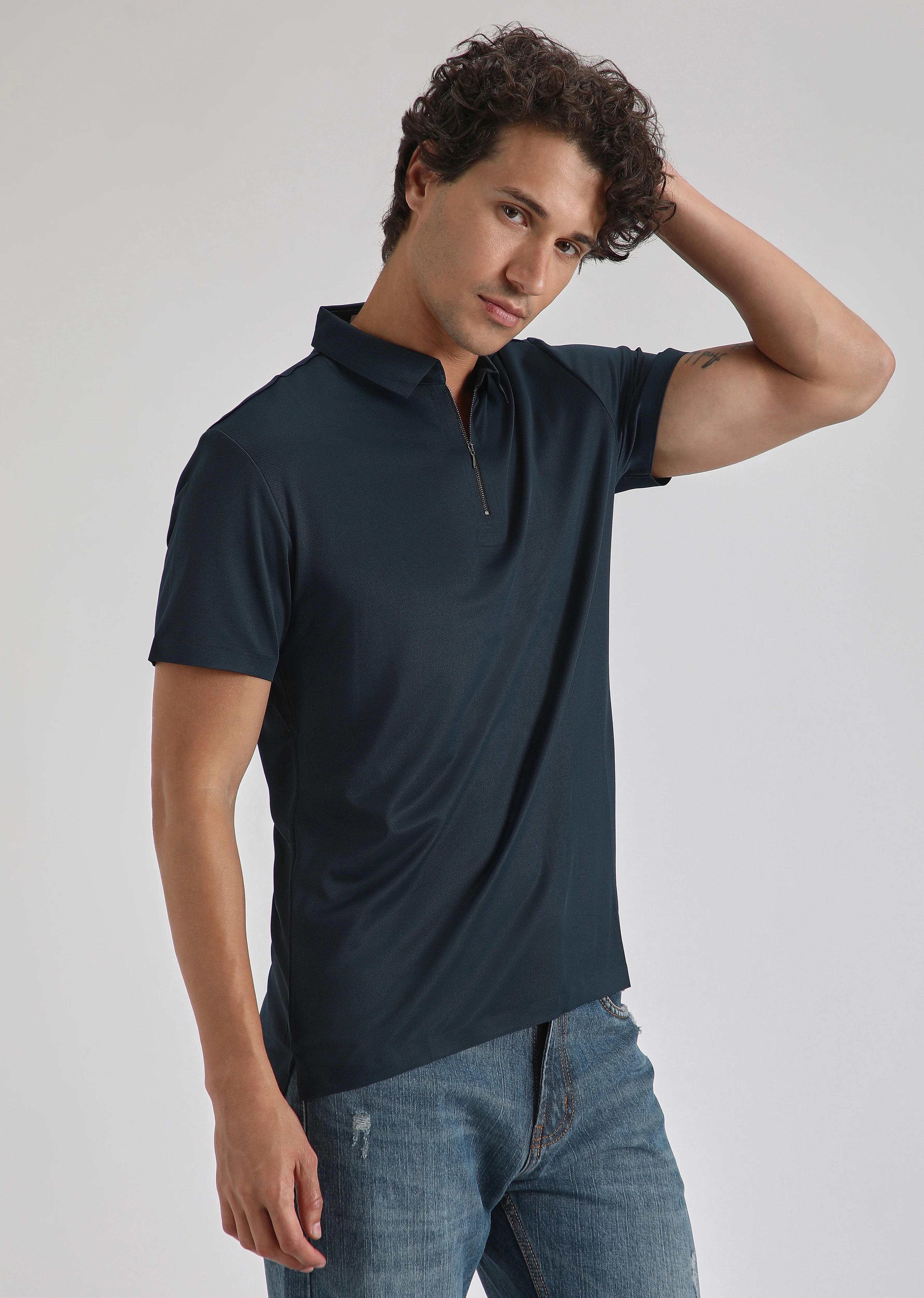 Blue Plain Zipper Stitchless Polo T-shirt - Image 5