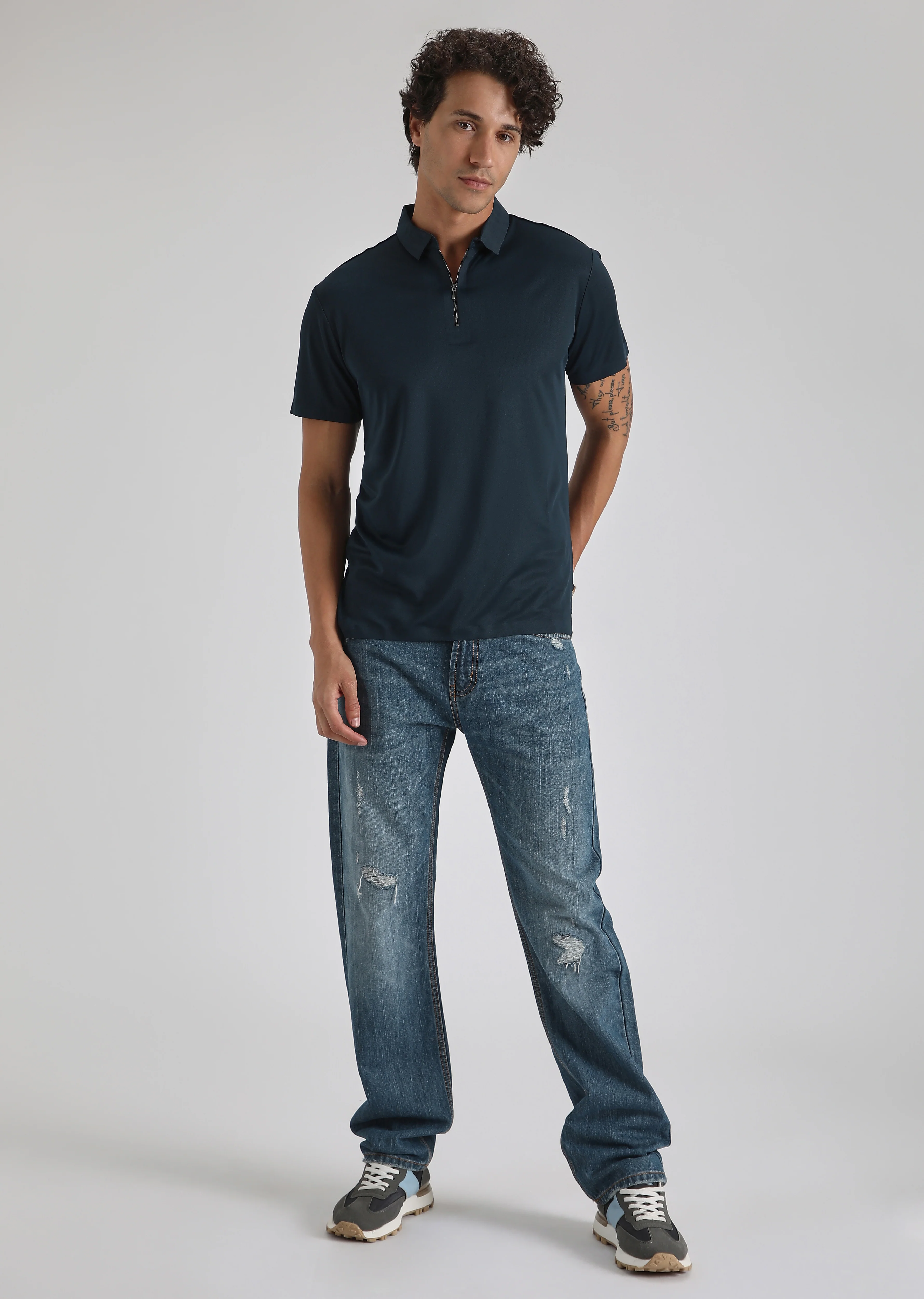 Blue Plain Zipper Stitchless Polo T-shirt - Image 6