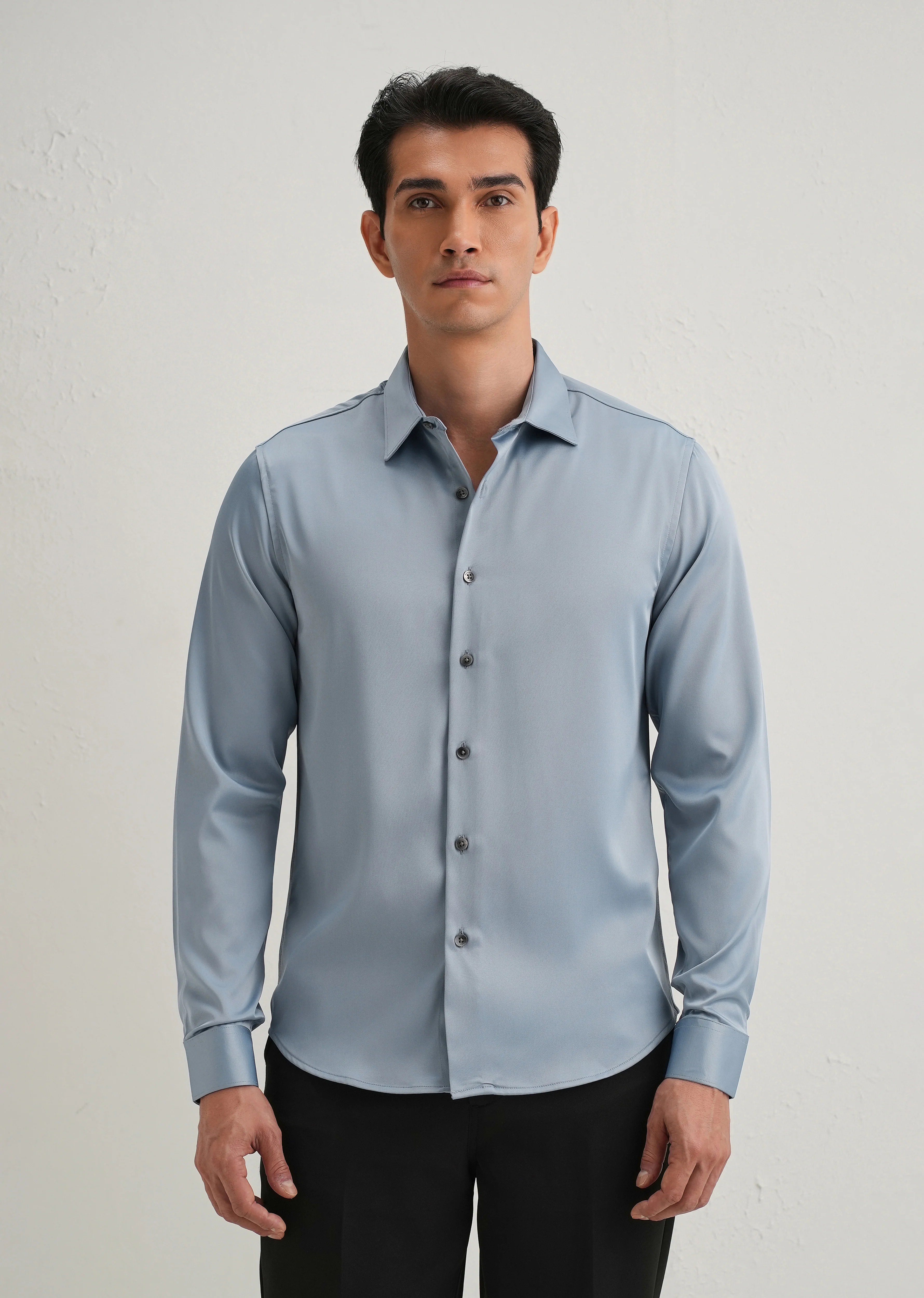 Blue Premium Satin-Finish Plain Shirt - Image 4