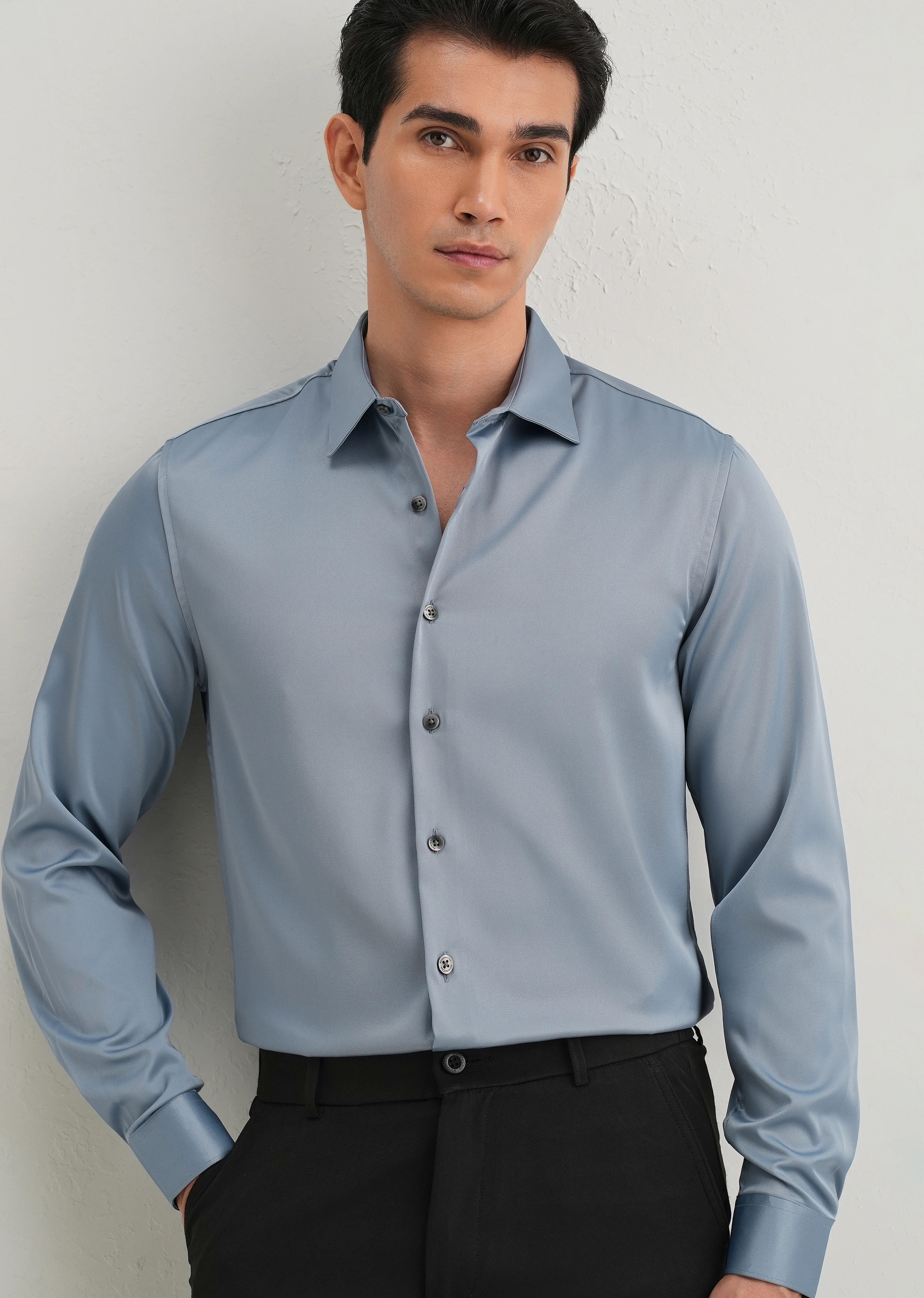 Blue Premium Satin-Finish Plain Shirt - Image 7