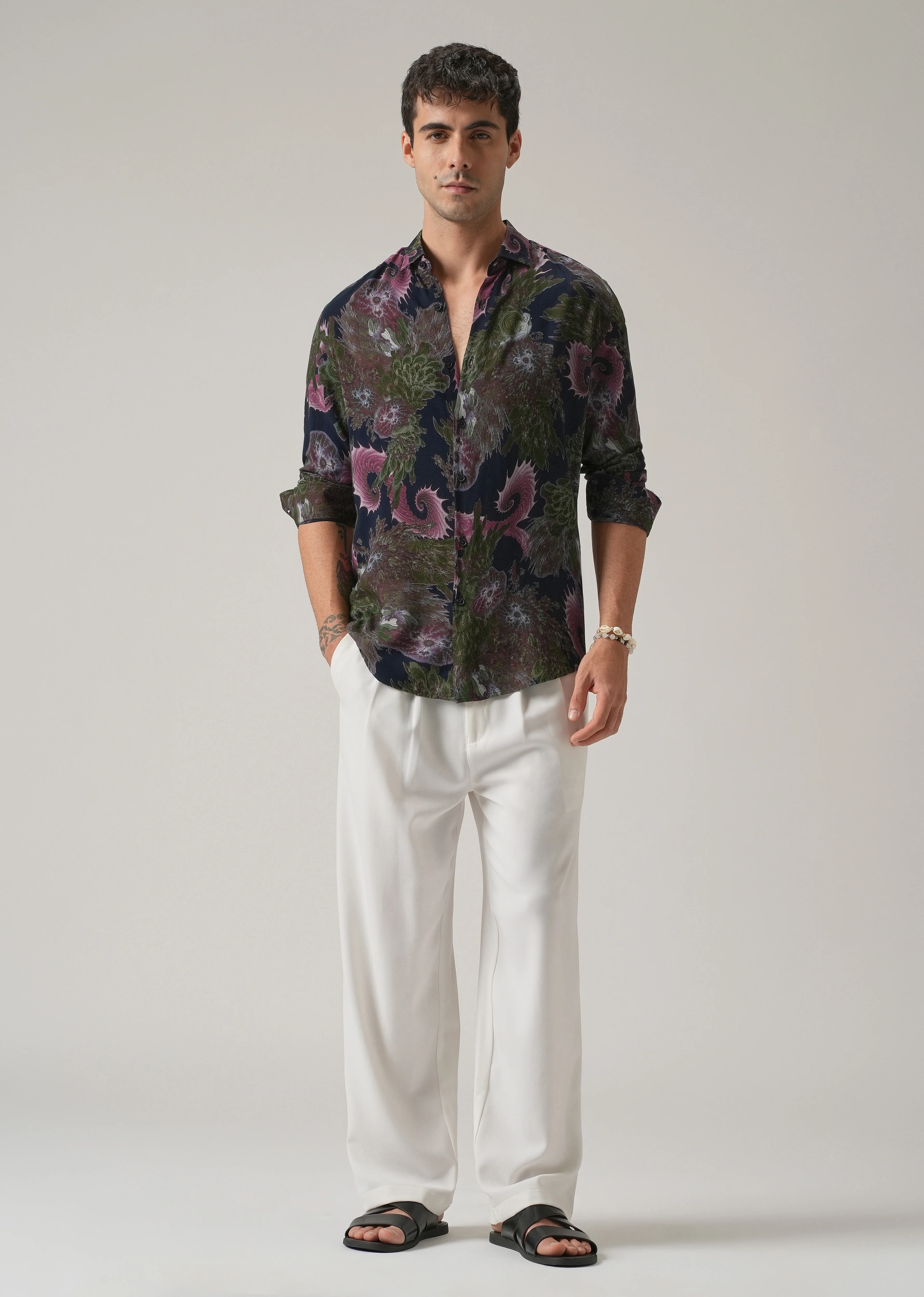 Blue Prickly Flora Print Feather Shirt - Image 6