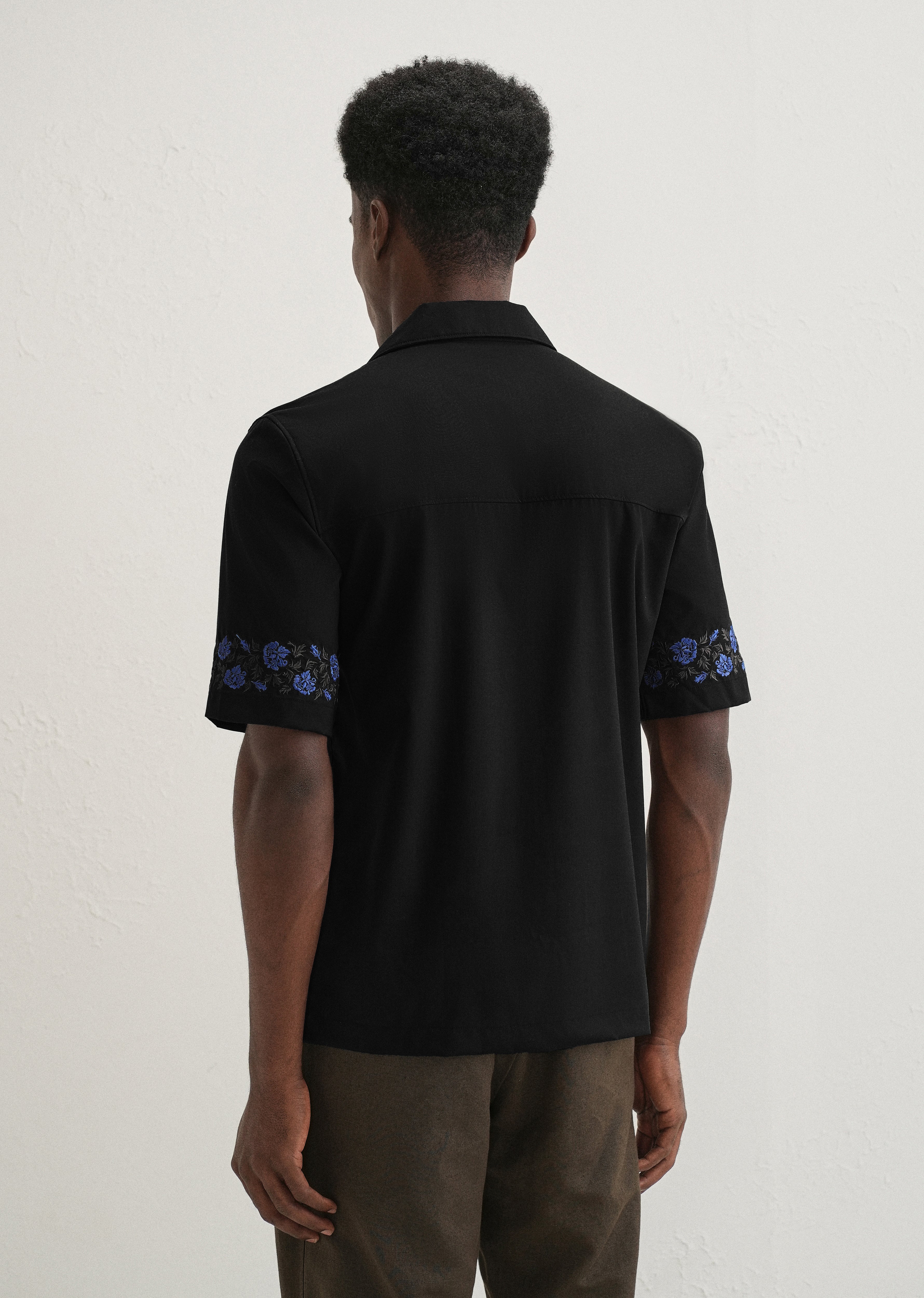 Blue Rose Embroidery Black Shirt - Image 3
