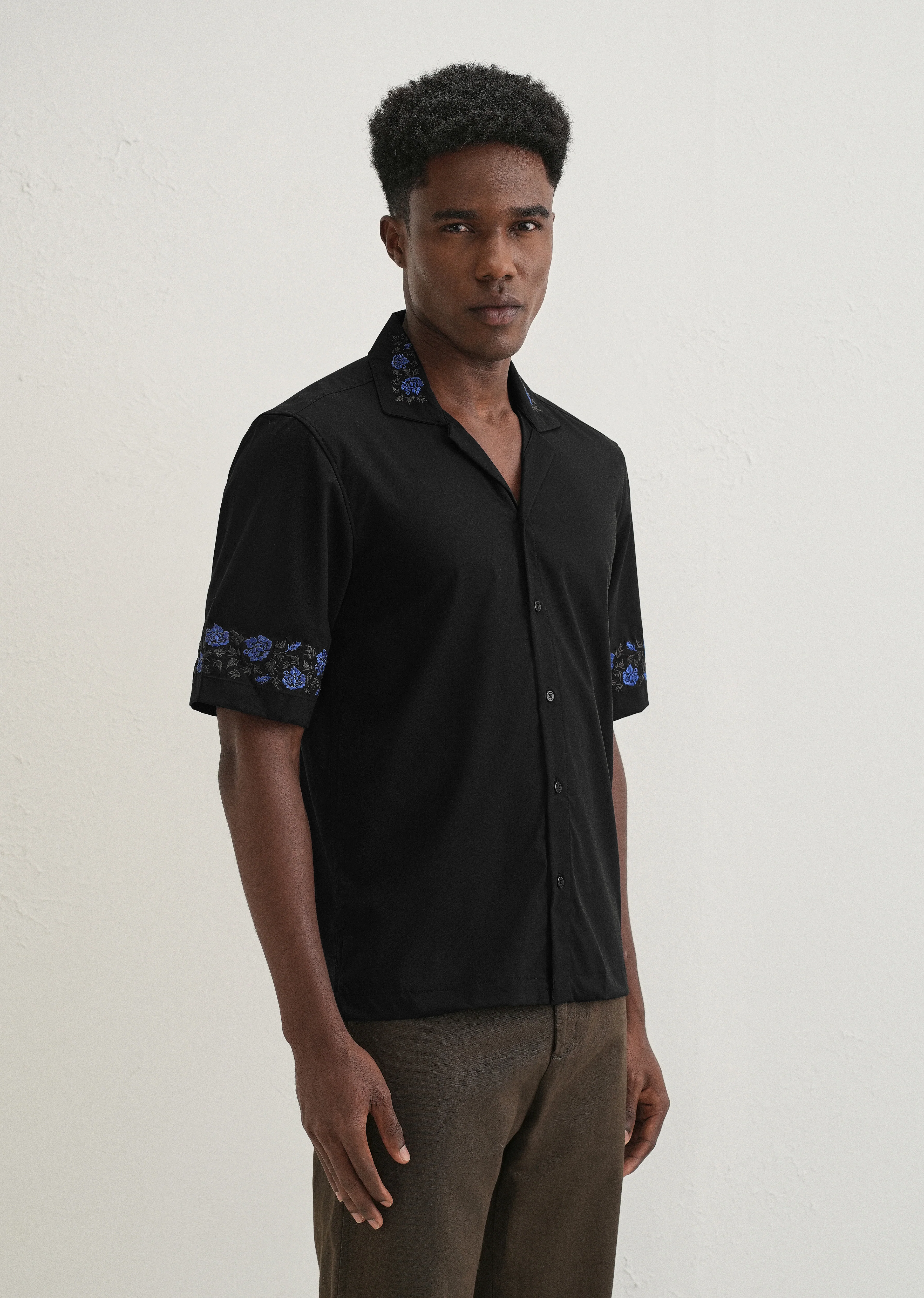 Blue Rose Embroidery Black Shirt - Image 4