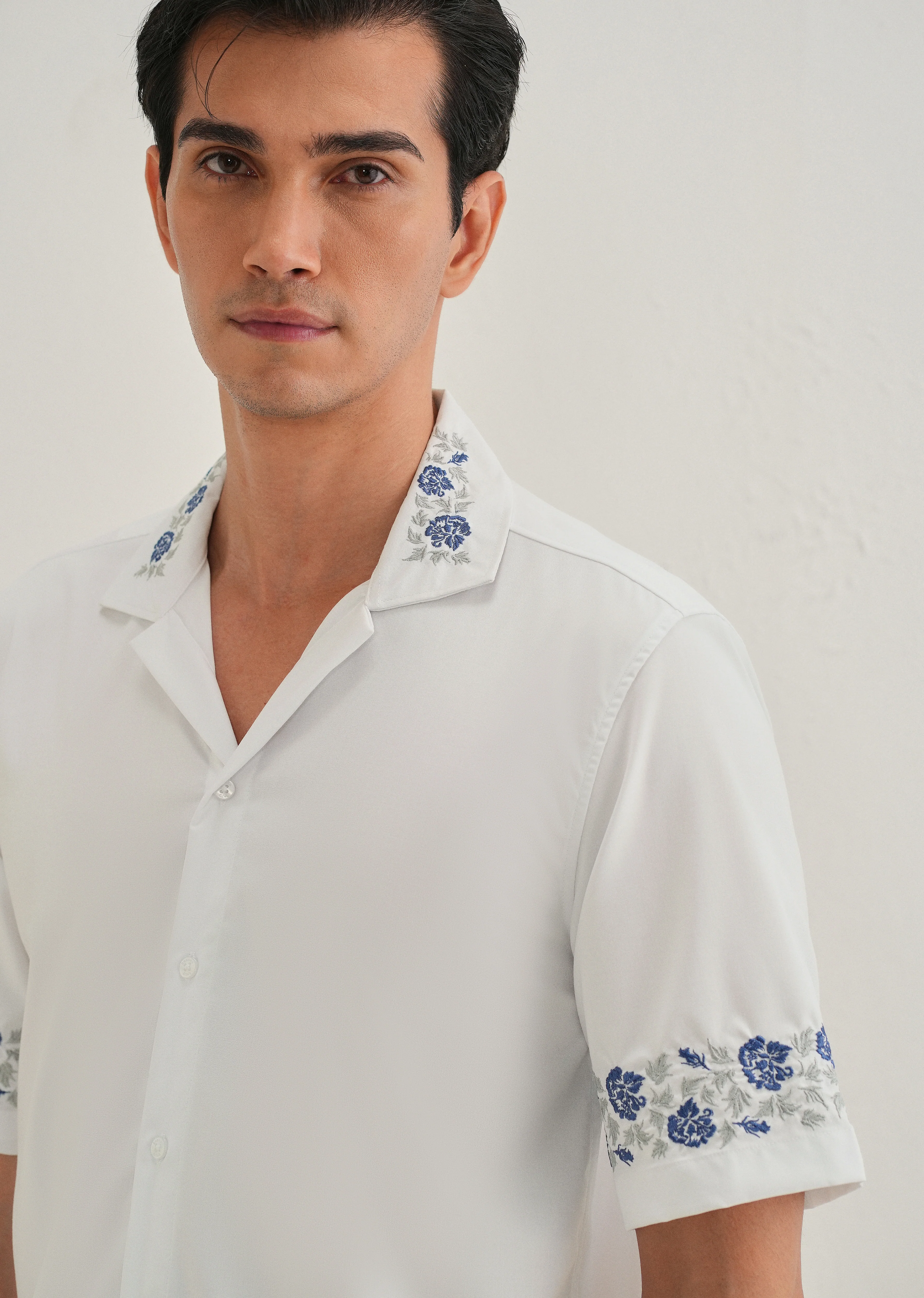 Blue Rose Embroidery White Shirt - Image 2
