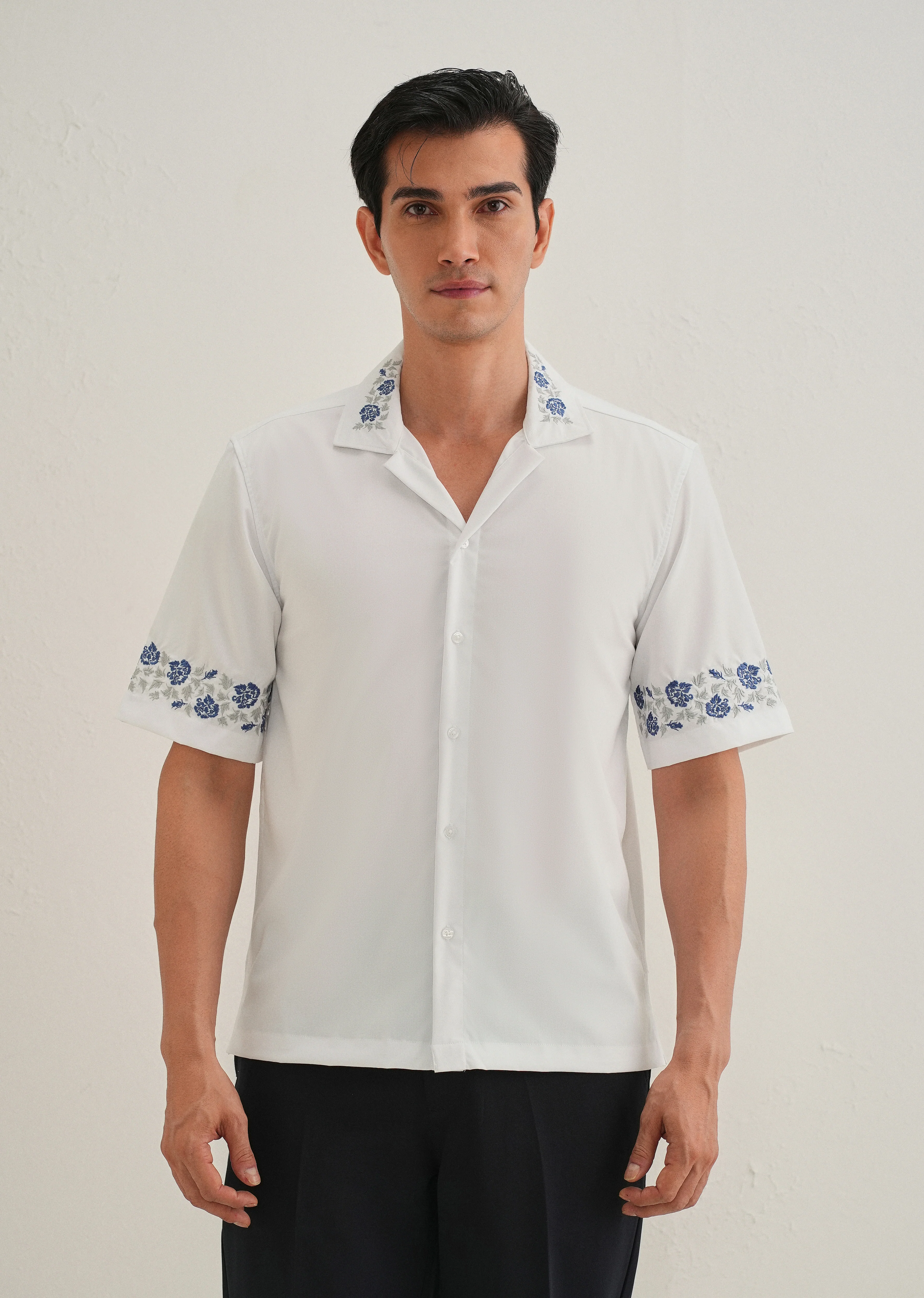 Blue Rose Embroidery White Shirt - Image 3