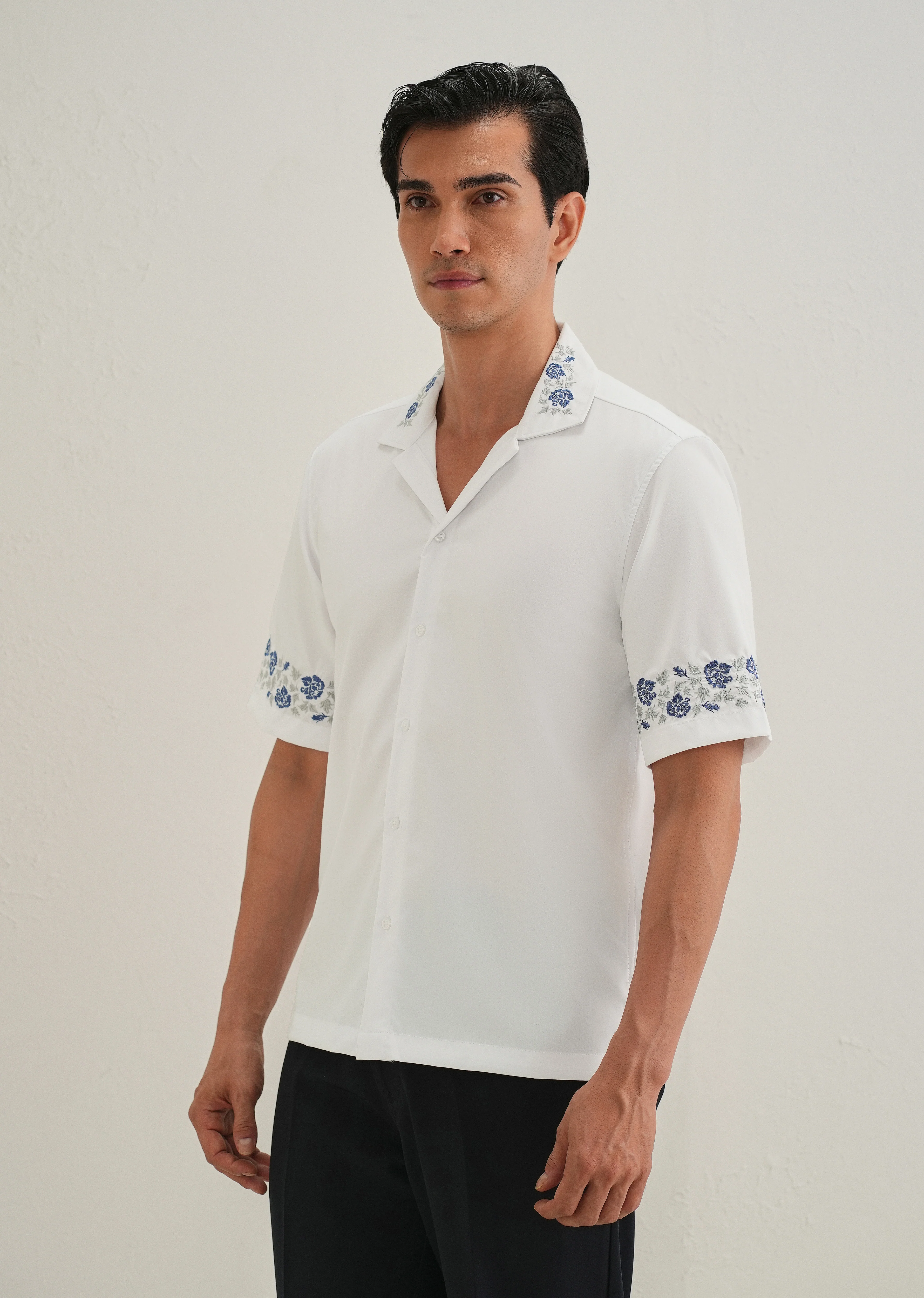 Blue Rose Embroidery White Shirt - Image 5