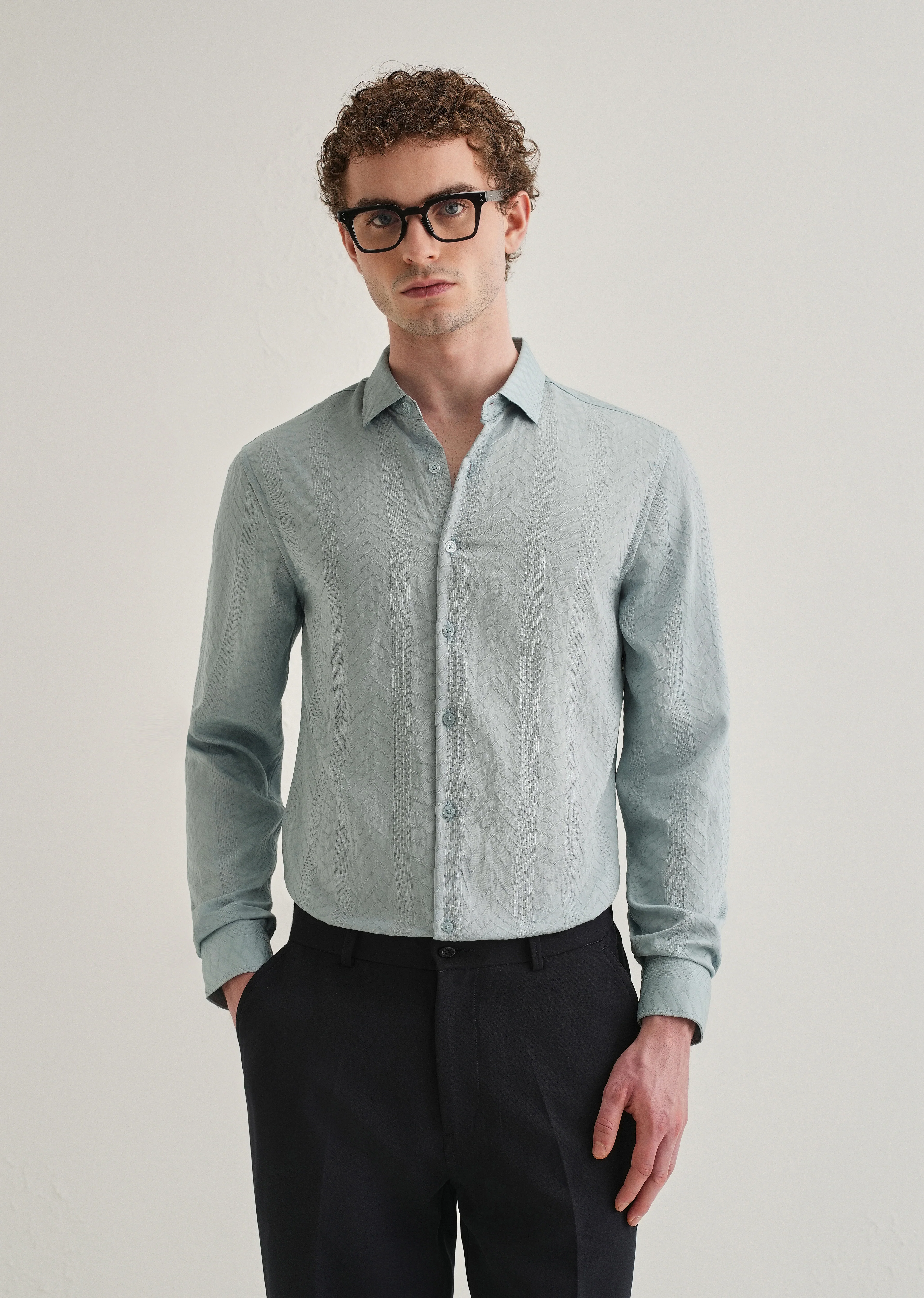 Blue Self Patterned Shirt - Image 2