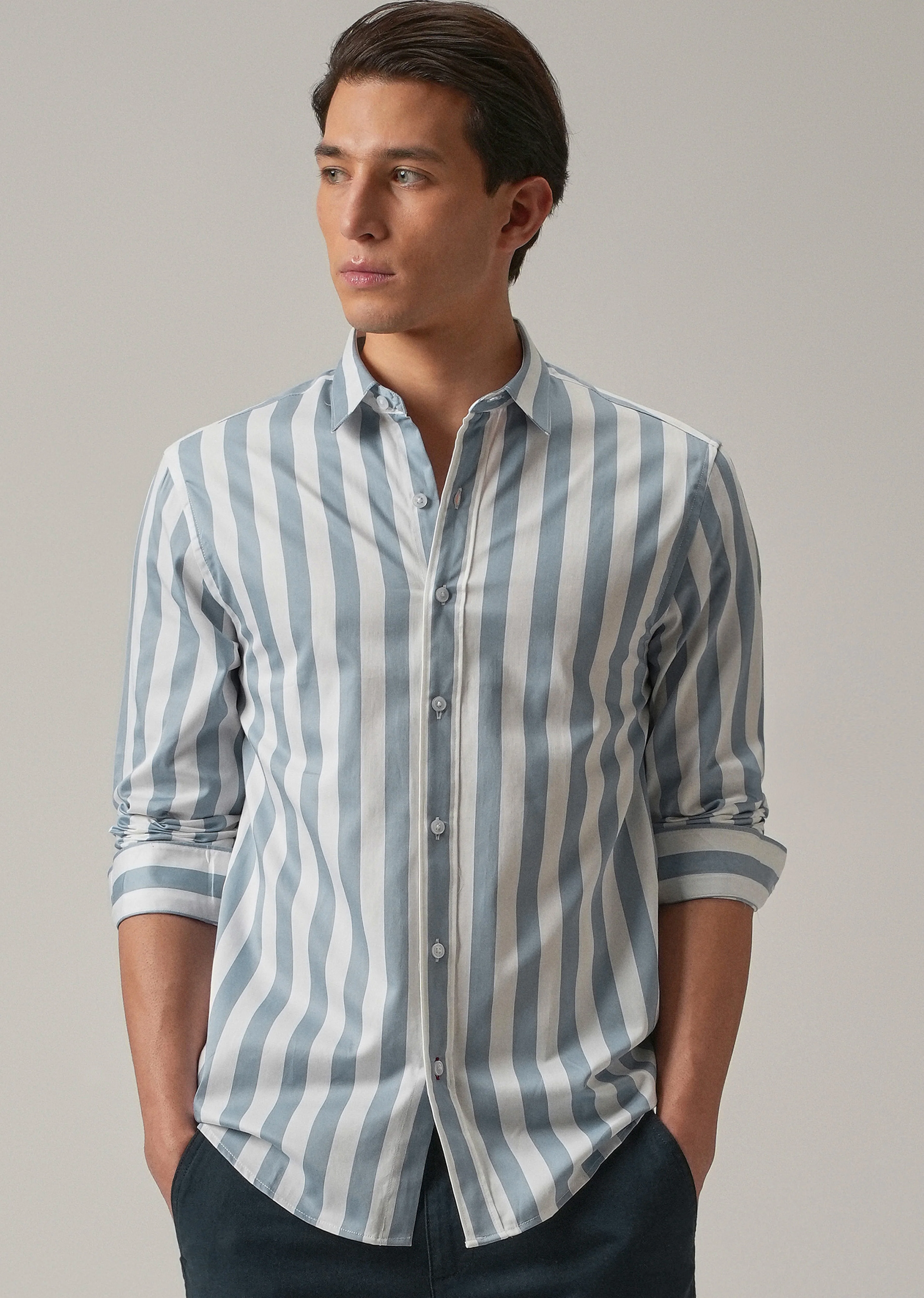 Blue Satin Striped Shirt - Image 6