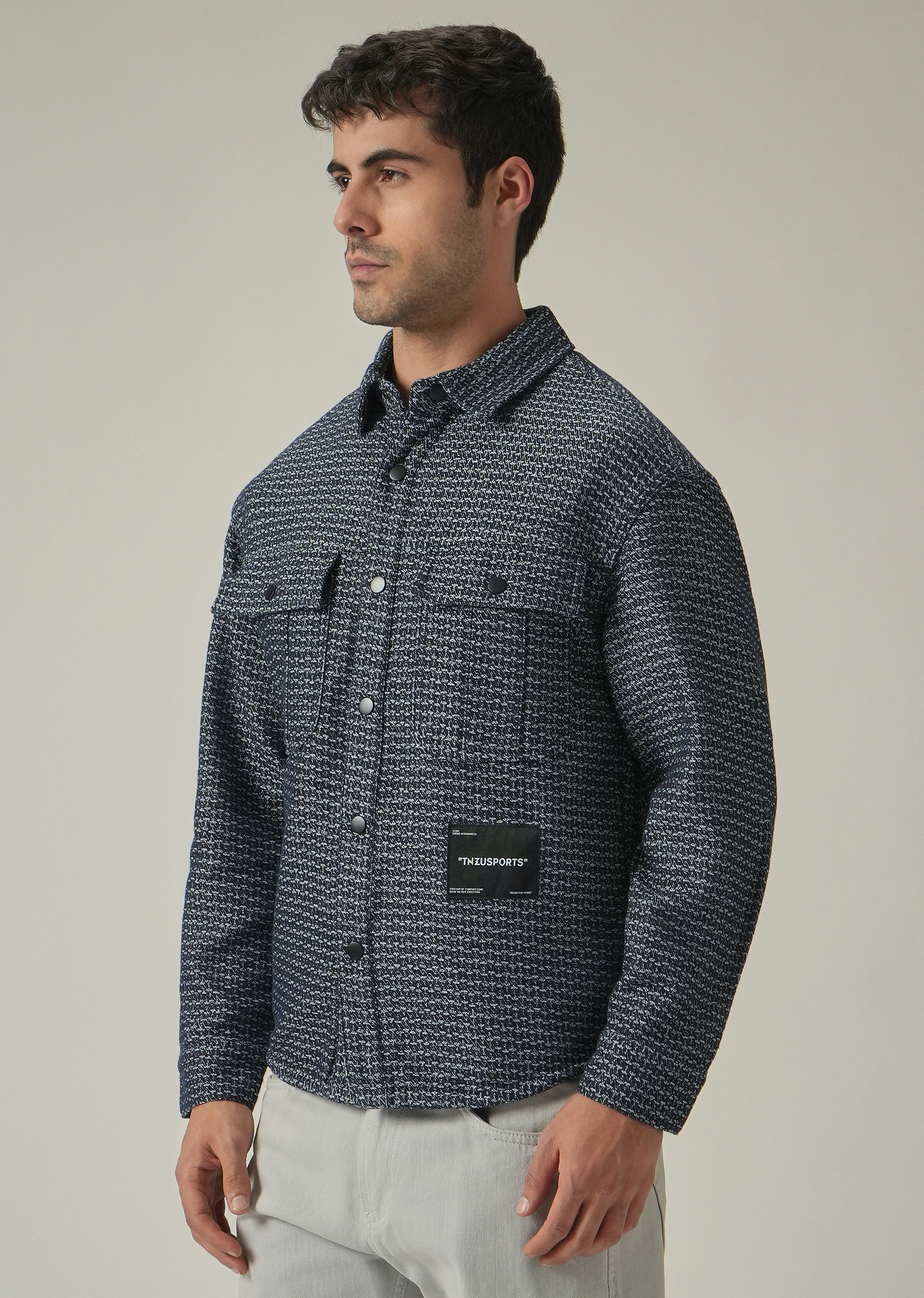 Blue Textured Denim Jacquard Jacket - Image 3