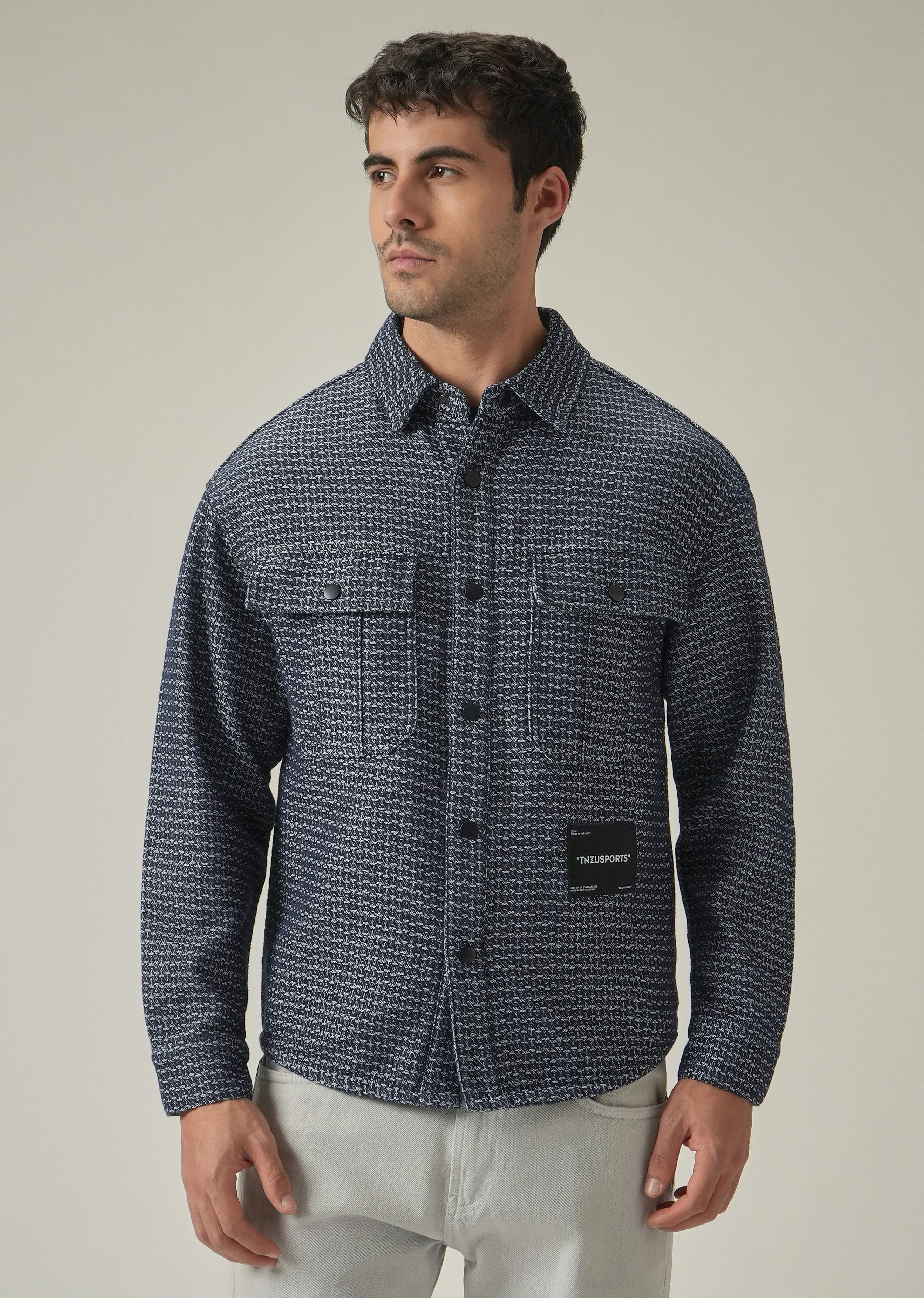 Blue Textured Denim Jacquard Jacket - Image 4