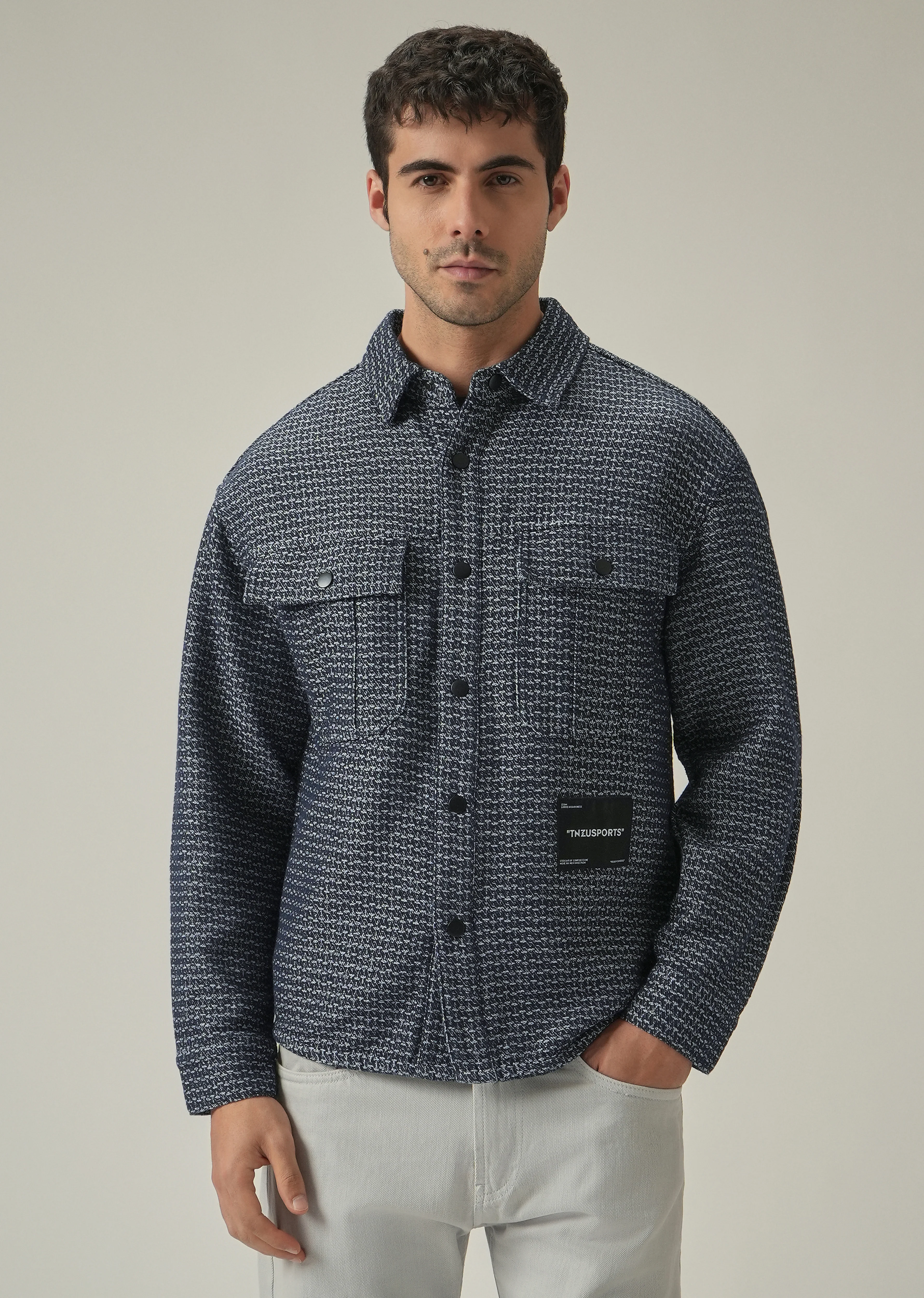 Blue Textured Denim Jacquard Jacket - Image 7
