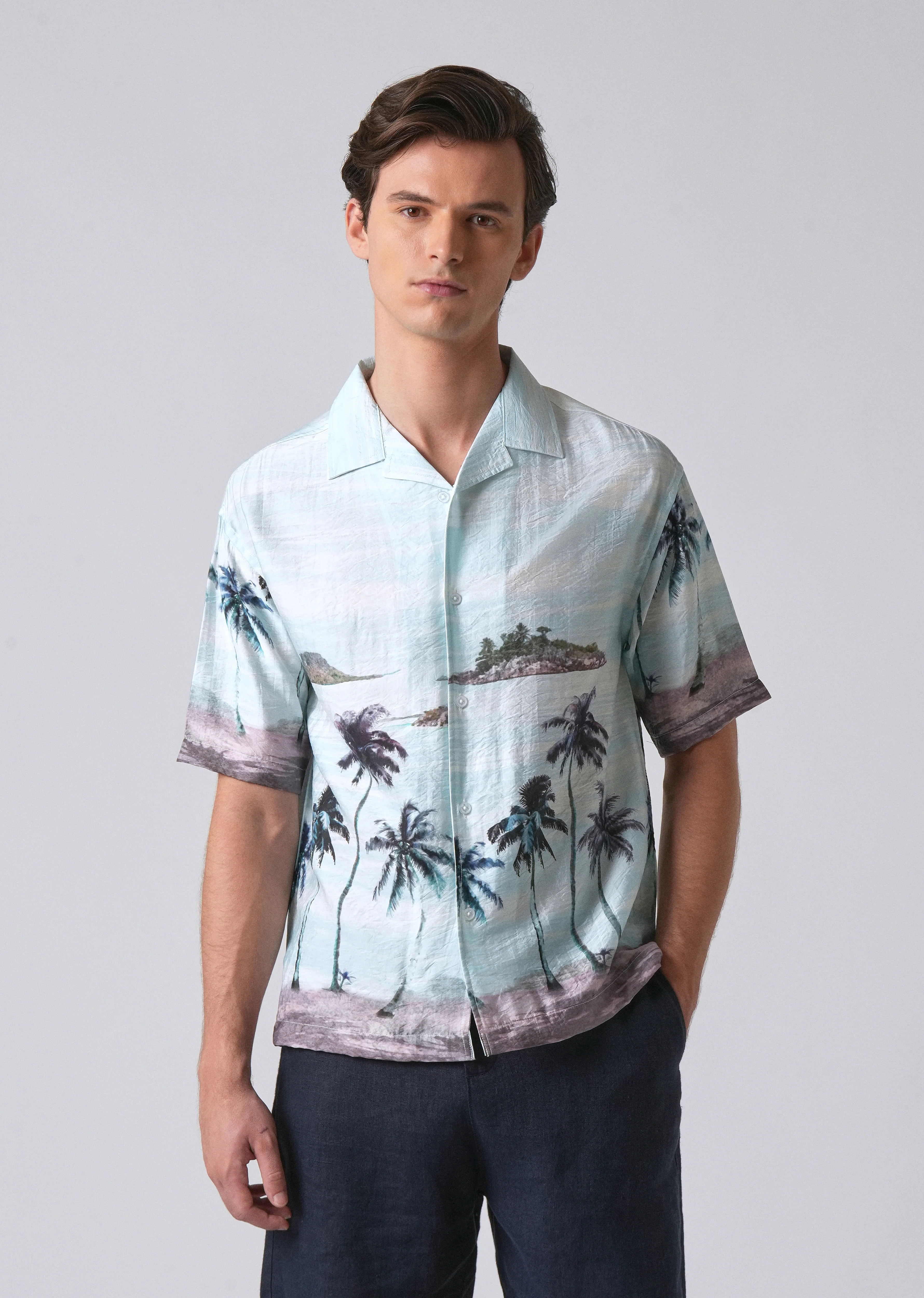 Blue Tropical Palm Print Shirt - Image 3