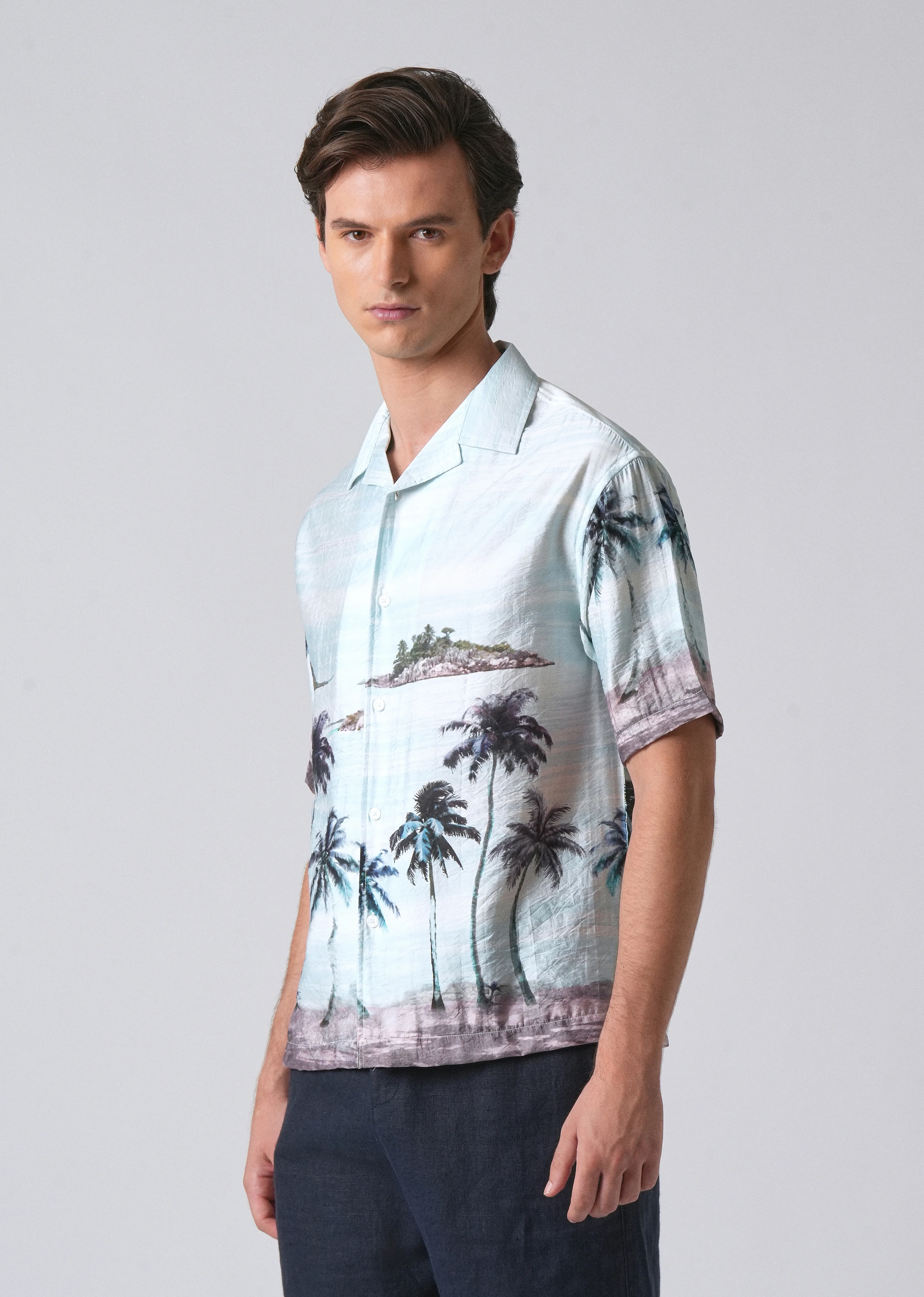 Blue Tropical Palm Print Shirt - Image 4