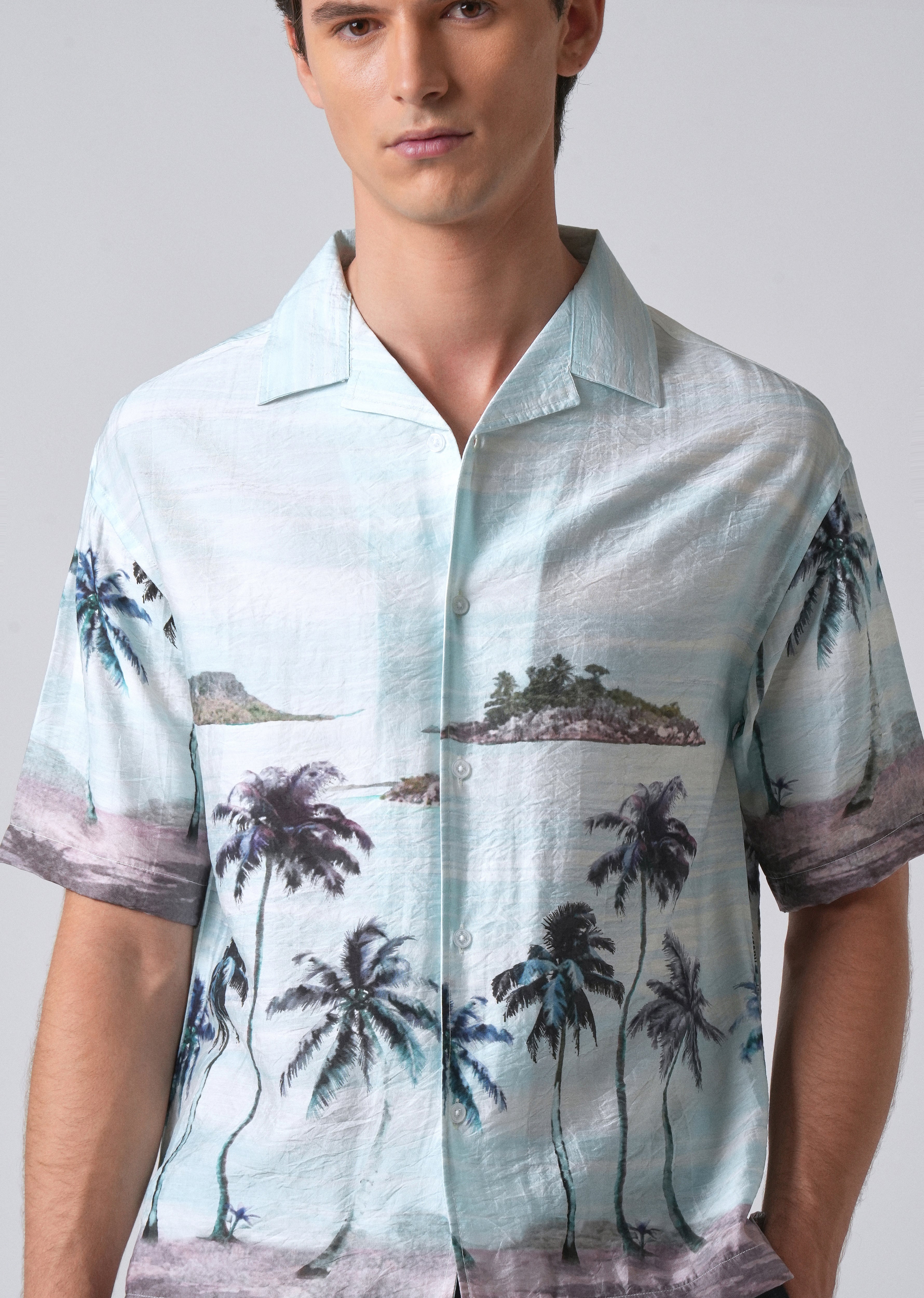 Blue Tropical Palm Print Shirt - Image 5